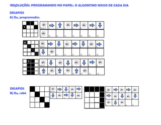 RESOLUÇÕES: PROGRAMANDO NO PAPEL: O ALGORITMO NOSSO DE CADA DIA
DESAFIOS
A) Eu, programador.
DESAFIOS
B) Eu, robô
37
 