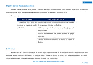 GUIA PARA ELABORAÇÃO DE TRABALHO DE CONCLUSÃO DE CURSO
Rede ITEGO
8
Objetivo Geral e Objetivos Específicos
Indica o que se pretende alcançar com o trabalho realizado. Quando falamos sobre objetivos específicos, estamos nos
referindo àquelas ações pormenorizadas estabelecidas com o fim de se alcançar o objetivo geral.
Por exemplo:
OBJETIVO GERAL OBJETIVOS ESPECÍFICOS
Estabelecer um perfil do
mercado de jingles na cidade
de Goiânia.
Apontar as principais empresas que exercem a atividade
de composição de jingles em Goiânia.
Estabelecer a principal vertente na qual os jingles são
mais utilizados.
Realizar levantamento de dados quanto a preços
praticados.
Traçar o cenário mercadológico de jingles na cidade de
Goiânia.
Justificativa
A justificativa é a parte da introdução na qual o aluno expõe o porquê de ter escolhido pesquisar e desenvolver certa
temática. Nela é exposta a importância da pesquisa para a formação técnica do aluno, para o desenvolvimento da ciência,
melhoria da sociedade e/ou da área à qual o objeto de pesquisa está relacionado.
 