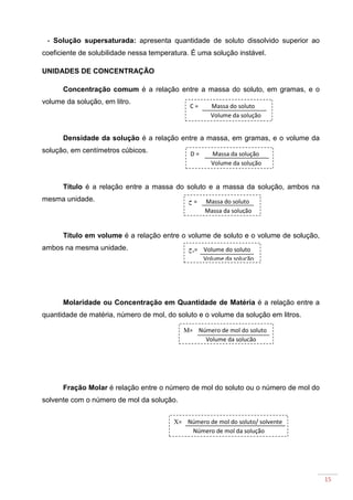 15
- Solução supersaturada: apresenta quantidade de soluto dissolvido superior ao
coeficiente de solubilidade nessa temperatura. É uma solução instável.
UNIDADES DE CONCENTRAÇÃO
Concentração comum é a relação entre a massa do soluto, em gramas, e o
volume da solução, em litro.
Densidade da solução é a relação entre a massa, em gramas, e o volume da
solução, em centímetros cúbicos.
Título é a relação entre a massa do soluto e a massa da solução, ambos na
mesma unidade.
Título em volume é a relação entre o volume de soluto e o volume de solução,
ambos na mesma unidade.
Molaridade ou Concentração em Quantidade de Matéria é a relação entre a
quantidade de matéria, número de mol, do soluto e o volume da solução em litros.
Fração Molar é relação entre o número de mol do soluto ou o número de mol do
solvente com o número de mol da solução.
C = Massa do soluto
Volume da solução
D = Massa da solução
Volume da solução
‫ح‬ = Massa do soluto
Massa da solução
‫ح‬v= Volume do soluto
Volume da solução
M= Número de mol do soluto
Volume da solução
X= Número de mol do soluto/ solvente
Número de mol da solução
 