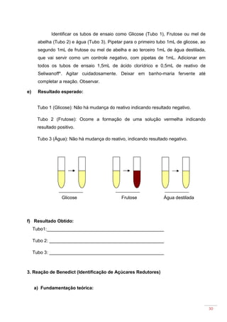 30
Identificar os tubos de ensaio como Glicose (Tubo 1), Frutose ou mel de
abelha (Tubo 2) e água (Tubo 3). Pipetar para o primeiro tubo 1mL de glicose, ao
segundo 1mL de frutose ou mel de abelha e ao terceiro 1mL de água destilada,
que vai servir como um controle negativo, com pipetas de 1mL. Adicionar em
todos os tubos de ensaio 1,5mL de ácido clorídrico e 0,5mL de reativo de
Seliwanoff*. Agitar cuidadosamente. Deixar em banho-maria fervente até
completar a reação. Observar.
e) Resultado esperado:
Tubo 1 (Glicose): Não há mudança do reativo indicando resultado negativo.
Tubo 2 (Frutose): Ocorre a formação de uma solução vermelha indicando
resultado positivo.
Tubo 3 (Água): Não há mudança do reativo, indicando resultado negativo.
Glicose Frutose Água destilada
f) Resultado Obtido:
Tubo1:______________________________________________
Tubo 2: _____________________________________________
Tubo 3: _____________________________________________
3. Reação de Benedict (Identificação de Açúcares Redutores)
a) Fundamentação teórica:
 