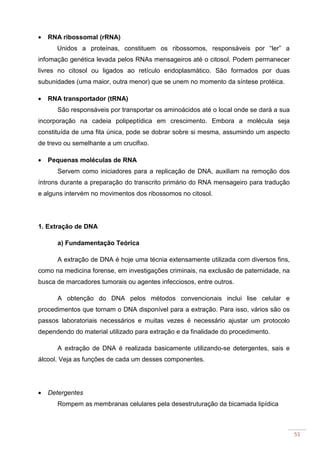 51
• RNA ribossomal (rRNA)
Unidos a proteínas, constituem os ribossomos, responsáveis por “ler” a
infomação genética levada pelos RNAs mensageiros até o citosol. Podem permanecer
livres no citosol ou ligados ao retículo endoplasmático. São formados por duas
subunidades (uma maior, outra menor) que se unem no momento da síntese protéica.
• RNA transportador (tRNA)
São responsáveis por transportar os aminoácidos até o local onde se dará a sua
incorporação na cadeia polipeptídica em crescimento. Embora a molécula seja
constituída de uma fita única, pode se dobrar sobre si mesma, assumindo um aspecto
de trevo ou semelhante a um crucifixo.
• Pequenas moléculas de RNA
Servem como iniciadores para a replicação de DNA, auxiliam na remoção dos
íntrons durante a preparação do transcrito primário do RNA mensageiro para tradução
e alguns intervém no movimentos dos ribossomos no citosol.
1. Extração de DNA
a) Fundamentação Teórica
A extração de DNA é hoje uma técnia extensamente utilizada com diversos fins,
como na medicina forense, em investigações criminais, na exclusão de paternidade, na
busca de marcadores tumorais ou agentes infecciosos, entre outros.
A obtenção do DNA pelos métodos convencionais inclui lise celular e
procedimentos que tornam o DNA disponível para a extração. Para isso, vários são os
passos laboratoriais necessários e muitas vezes é necessário ajustar um protocolo
dependendo do material utilizado para extração e da finalidade do procedimento.
A extração de DNA é realizada basicamente utilizando-se detergentes, sais e
álcool. Veja as funções de cada um desses componentes.
• Detergentes
Rompem as membranas celulares pela desestruturação da bicamada lipídica
 
