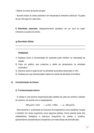 65
- Retirar os tubos de banho de gelo
- Quando todos os tubos estiverem em temperatura ambiente adicionar 10 gotas
de sol. De lugol em cada tubo.
f) Resultado esperado: desaparecimento gradativo da cor azul do lugol,
indicando a quebra do amido.
g) Resultado Obtido
__________________________________________________________________
__________________________________________________________________
PESQUISA
1) Explique como a concentração de substrato pode interferir na velocidade da
reação
2) Faça um gráfico, que evidencie o efeito da temperatura na atividade
enzimática
3) Discorra sobre a ação do pH na atividade enzimática observada in vitro
4) Explique por que desnaturação implica em perda da atividade enzimática.
2) Caracterização da Urease
a) Fundamentação teórica
A uréase é uma enzima responsável pela catalise da uréia em amônia e dióxido
de carbono, de acordo com a reaçàoabaixo:
(NH2)2CO + H2O CO2 + 2NH3 (NH4)2CO3
Esta esnzima é encontrada em diversos microrganismos como bactérias, fungos
e também em seres superiores como algumas plantas. Como grande parte dos
catalisadores biológicos a estrutura bioquímica da uréase é protéica,
apresentando características compatíveis com esta classe de biomoléculas.
 