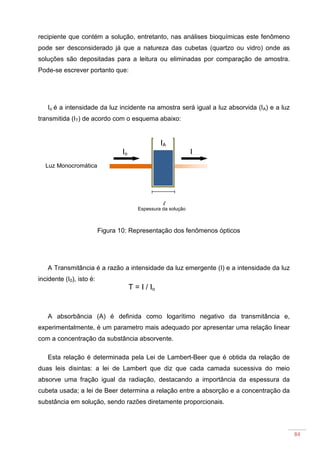 84
recipiente que contém a solução, entretanto, nas análises bioquímicas este fenômeno
pode ser desconsiderado já que a natureza das cubetas (quartzo ou vidro) onde as
soluções são depositadas para a leitura ou eliminadas por comparação de amostra.
Pode-se escrever portanto que:
Io é a intensidade da luz incidente na amostra será igual a luz absorvida (IA) e a luz
transmitida (IT) de acordo com o esquema abaixo:
Figura 10: Representação dos fenômenos ópticos
A Transmitância é a razão a intensidade da luz emergente (I) e a intensidade da luz
incidente (I0), isto é:
A absorbância (A) é definida como logarítimo negativo da transmitância e,
experimentalmente, é um parametro mais adequado por apresentar uma relação linear
com a concentração da substância absorvente.
Esta relação é determinada pela Lei de Lambert-Beer que é obtida da relação de
duas leis disintas: a lei de Lambert que diz que cada camada sucessiva do meio
absorve uma fração igual da radiação, destacando a importância da espessura da
cubeta usada; a lei de Beer determina a relação entre a absorção e a concentração da
substância em solução, sendo razões diretamente proporcionais.
Luz Monocromática
Io I
IA
Espessura da solução
l
T = I / Io
 