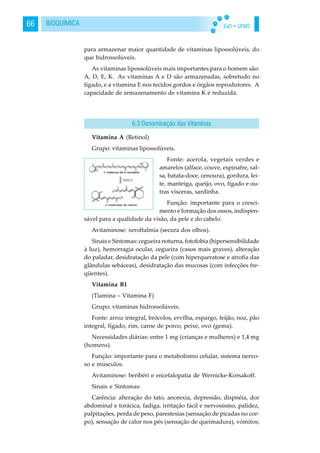 EaD • UFMS66 BIOQUÍMICA
para armazenar maior quantidade de vitaminas lipossolúveis, do
que hidrossolúveis.
As vitaminas lipossolúveis mais importantes para o homem são:
A, D, E, K. As vitaminas A e D são armazenadas, sobretudo no
fígado, e a vitamina E nos tecidos gordos e órgãos reprodutores. A
capacidade de armazenamento de vitamina K é reduzida.
Vitamina A (Retinol)
Grupo: vitaminas lipossolúveis.
Fonte: acerola, vegetais verdes e
amarelos (alface, couve, espinafre, sal-
sa, batata-doce, cenoura), gordura, lei-
te, manteiga, queijo, ovo, fígado e ou-
tras vísceras, sardinha.
Função: importante para o cresci-
mento e formação dos ossos, indispen-
sável para a qualidade da visão, da pele e do cabelo.
Avitaminose: xeroftalmia (secura dos olhos).
Sinais e Sintomas: cegueira noturna, fotofobia (hipersensibilidade
à luz), hemorragia ocular, cegueira (casos mais graves), alteração
do paladar, desidratação da pele (com hiperqueratose e atrofia das
glândulas sebáceas), desidratação das mucosas (com infecções fre-
qüentes).
Vitamina B1
(Tiamina – Vitamina F)
Grupo: vitaminas hidrossolúveis.
Fonte: arroz integral, brócolos, ervilha, espargo, feijão, noz, pão
integral, fígado, rim, carne de porco, peixe, ovo (gema).
Necessidades diárias: entre 1 mg (crianças e mulheres) e 1,4 mg
(homens).
Função: importante para o metabolismo celular, sistema nervo-
so e músculos.
Avitaminose: beribéri e encefalopatia de Wernicke-Korsakoff.
Sinais e Sintomas:
Carência: alteração do tato, anorexia, depressão, dispnéia, dor
abdominal e torácica, fadiga, irritação fácil e nervosismo, palidez,
palpitações, perda de peso, parestesias (sensação de picadas no cor-
po), sensação de calor nos pés (sensação de queimadura), vómitos;
6.3 Denominação das Vitaminas
 