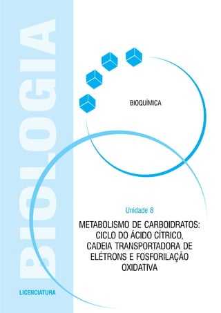 EaD • UFMS 87Proteínas
LICENCIATURA
BIOLOGIA
Unidade 8
METABOLISMO DE CARBOIDRATOS:
CICLO DO ÁCIDO CÍTRICO,
CADEIA TRANSPORTADORA DE
ELÉTRONS E FOSFORILAÇÃO
OXIDATIVA
BIOQUÍMICA
 