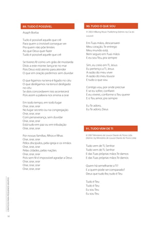 32
CÂNTICOS
PARA
PEQUENOS
GRUPOS
89. TUDO É POSSÍVEL
Asaph Borba
Tudo é possível aquele que crê
Para quem o invisível consegue ver
Pra quem não põe limites
Ao que Deus quer fazer
Tudo é possível aquele que crê
Se tiveres fé como um grão de mostarda
Dirás a este monte: lança-te no mar
Pois Deus está atento para atender
O que em oração pedirmos sem duvidar
O que ligamos na terra é ligado no céu
O que desligamos na terra é desligado
no céu
Se dois concordarem isto acontecerá
Pois assim a palavra nos ensina a orar
Em todo tempo, em todo lugar
Orar, orar, orar
No lugar secreto ou na congregação
Orar, orar, orar
Com perseverança, sem duvidar
Orar, orar, orar
Está tudo em paz ou em tribulação
Orar, orar, orar
Por nossas famílias, filhos e filhas
Orar, orar, orar
Pelos discípulos, pela igreja e os irmãos
Orar, orar, orar
Pelas cidades, pelas nações
Orar, orar, orar
Pois sem fé é impossível agradar a Deus
Orar, orar, orar
Orar, orar, orar
Orar, orar, orar
90. TUDO O QUE SOU
© 2003 Hillsong Music Publishing (Admin. by Cia do
Louvor)
Em Tuas mãos, descansarei
Meu coração, Te entrego
Meu mundo está,
Bem seguro em Tuas mãos
E eu sou Teu, pra sempre
Sim, eu creio em Ti, Jesus
Eu pertenço a Ti, Jesus
A razão do meu viver
A razão do meu louvor
E tudo o que sou
Contigo vou, por onde precisar
E se eu sofrer, confiarei
E eu viverei, conforme o Teu querer
E o Teu amor, pra sempre
Eu Te adoro,
Eu Te adoro, Deus
91. TUDO VEM DE TI
© 2007 Ministerio de Louvor Diante do Trono Ltda
(Admin. by Ministério de Louvor Diante do Trono Ltda)
Tudo vem de Ti, Senhor
Tudo vem de Ti, Senhor
E das Tuas próprias mãos Te damos
E das Tuas próprias mãos Te damos
Quem há semelhante a Ti?
E a quem pode ser comparado?
Deus que tudo fez, tudo é Teu
Tudo é Teu
Tudo é Teu
Eu sou Teu
Eu sou Teu
 
