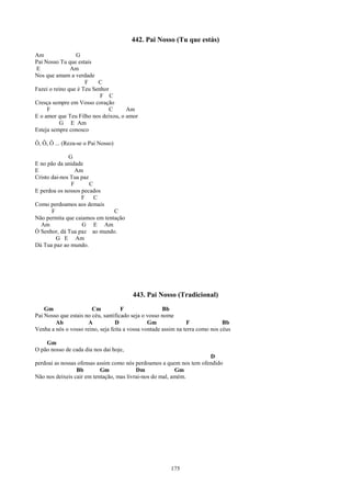 442. Pai Nosso (Tu que estás)

Am               G
Pai Nosso Tu que estais
E              Am
Nos que amam a verdade
                     F    C
Fazei o reino que é Teu Senhor
                           F C
Cresça sempre em Vosso coração
     F                         C     Am
E o amor que Teu Filho nos deixou, o amor
           G E Am
Esteja sempre conosco

Ô, Ô, Ô ... (Reza-se o Pai Nosso)

              G
E no pão da unidade
E                Am
Cristo dai-nos Tua paz
               F       C
E perdoa os nossos pecados
                   F     C
Como perdoamos aos demais
       F                       C
Não permita que caiamos em tentação
  Am               G E Am
Ó Senhor, dá Tua paz ao mundo.
         G E Am
Dá Tua paz ao mundo.




                                         443. Pai Nosso (Tradicional)
    Gm                  Cm           F                Bb
Pai Nosso que estais no céu, santificado seja o vosso nome
        Ab            A           D             Gm              F              Bb
Venha a nós o vosso reino, seja feita a vossa vontade assim na terra como nos céus

    Gm
O pão nosso de cada dia nos dai hoje,
                                                                     D
perdoai as nossas ofensas assim como nós perdoamos a quem nos tem ofendido
                 Bb        Gm             Dm              Gm
Não nos deixeis cair em tentação, mas livrai-nos do mal, amém.




                                                         175
 