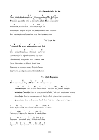 699. Salve, Rainha do céu
 A                       ED                  E                 A
Salve, Rainha do céu e da terra! / Mãe dos mortais e Mãe do Senhor
       A                        Bm       F#m      E     E7      A
Pelo amor que em teu peito se encerra / Aceita ó Mãe, o nosso louvor

      D                 A           E      Bm      A
Predestinada, flor de Israel! / Imaculada, Virgem fiel

Mãe da Igreja, do povo de Deus / da Nação Santa que o Pai escolheu

Roga por nós, pede ao Senhor / que neste dia vivamos no amor


                                                    700. Neste dia
      C       G             C     F     C
Neste dia, ó Maria, nós te damos nosso amor (2x)

 C                    F          C              G7
Céus e terra estão cantando, celebrando o teu louvor

Do inditoso que te implora, se minora logo a dor

Dá-nos sempre, Mãe querida, nesta vida puro amor

A teus filhos, na porfia, Virgem pia, dá vigor

E da morte no momento, traze o alento do Senhor

E depois nos leva à glória junto ao trono do Senhor


                                                 701. Nós te louvamos
 C               G7        C      F         E
Nós te louvamos, ó Virgem Maria, no dia de tua (variantes)

         E7     Am      F         Bb      G       C     A7       Dm        G7    C
       Santa Assunção. Antes na terra elevada ao céu / hoje entre nós para nos proteger

       Imaculada Conceição. Antes na terra junto ao Salvador / hoje entre nós para nos proteger

       Anunciação. Antes na mensagem do anjo Gabriel / hoje entre nós para nos proteger

       Apresentação. Antes no Templo da Cidade Santa / hoje entre nós para nos proteger


F       Bb     G           C         A7      Dm G7 C
Eu me alegrei quando me disseram: / Vamos à casa do Senhor

 F        Bb G       C       A7        Dm G7 C
Os nossos pés já se detêm / às portas da grande cidade

F         Bb G            C         A7 Dm G7 C
Eis que ela é uma cidade santa / edificada no Senhor

F       Bb     G     C       A7      Dm G7       C
O povo todo a ela recorre / louvando o nome do Senhor



                                                         308
 