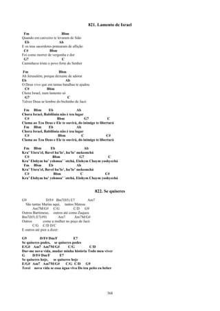 821. Lamento de Israel
 Fm                        Bbm
Quando em cativeiro te levaram de Sião
  Eb                     Ab
E os teus sacerdotes pratearam de aflição
 C#                Bbm
Foi como morrer de vergonha e dor
 G7                        C
Caminhava triste o povo forte do Senhor

Fm                     Bbm
Ah Jerusalém, porque deixaste de adorar
Eb                          Ab
O Deus vivo que em tantas batalhas te ajudou
 C#             Bbm
Chora Israel, num lamento só
 G7                          C
Talvez Deus se lembre do bichinho de Jacó

 Fm Bbm         Eb                 Ab
Chora Israel, Babilônia não é teu lugar
 C#                   Bbm               G7            C
Clama ao Teu Deus e Ele te ouvirá, do inimigo te libertará
 Fm Bbm         Eb                 Ab
Chora Israel, Babilônia não é teu lugar
 C#                   Bbm             C              C#
Clama ao Teu Deus e Ele te ouvirá, do inimigo te libertará

 Fm Bbm           Eb                    Ab
Kra’ Yisra’el, Bavel hu’lo’, hu’lo’ mekomchá
 C#                Bbm               G7          C
Kra’ Elohym hu’ yshmoa’ `otchá, Elohym Chaym yoshyechá
 Fm Bbm          Eb                 Ab
Kra’ Yisra’el, Bavel hu’lo’, hu’lo’ mekomchá
 C#                 Bbm               C        C#
Kra’ Elohym hu’ yshmoa’ `otchá, Elohym Chaym yoshyechá


                                                822. Se quiseres
G9               D/F# Bm7(b5) E7          Am7
  São tantas Marias aqui, tantos Mateus
       Am7M/G# C/G               C/D G9
Outros Bartimeus, outros até como Zaqueu
Bm7(b5) E7(#9)            Am7    Am7M/G#
Outros        como a mulher no poço de Jacó
       C/G C/D D/C
E outros até pior a dizer:

G9         D/F# Dm/F            E7
Se quiseres podes, se quiseres podes
E/G# Am7 Am7M/G#            C/G          C/D
Dar-me nova vida, mudar minha história Todo meu viver
G      D/F# Dm/F       E7
Se quiseres hoje, se quiseres hoje
E/G# Am7 Am7M/G#           C/G C/D G9
Terei nova vida se essa água viva Do teu peito eu beber




                                                      368
 