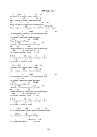 927. Tudo Posso
    G      D/F#      C               Em     D
Posso, tudo posso Naquele que me fortalece
 C                 G/B                Am D
Nada e ninguém no mundo vai me fazer desistir
 G            D/F#       C                     Em     D
Quero, tudo quero, sem medo entregar meus projetos
    C                 G/B                  Am      D/F# C/E D
Deixar-me guiar nos caminhos que Deus desejou pra mim e a.....li estar

                    G          D/F#                 C/E             D
Vou perseguir tudo aquilo que Deus já escolheu pra mim
             G D/F#                      C
Vou persistir, e mesmo nas marcas daquela dor
    G/B                     Am     Dsus4 D
Do que ficou, vou me lembrar
        G D/F#                      C/E          D
E realizar o sonho mais lindo que Deus sonhou
Eb°         Em              Bm                  C
Em meu lugar estar na espera de um novo que vai chegar
    G/B           Am Am/G D/F# C/E D
Vou persistir, continuar a esperar  e crer

G/B C                G/B Am          D           C
E   mesmo quando a visão se turva e o coração só chora
      G/B           Am          D
Mas na alma, há certeza da vitória

    G      D/F#      C               Em     D
Posso, tudo posso Naquele que me fortalece
 C                 G/B                Am D
Nada e ninguém no mundo vai me fazer desistir

                    G          D/F#                 C/E             D
Vou perseguir tudo aquilo que Deus já escolheu pra mim
             G D/F#                      C
Vou persistir, e mesmo nas marcas daquela dor
    G/B                     Am     Dsus4 D
Do que ficou, vou me lembrar
        G D/F#                      C/E          D
E realizar o sonho mais lindo que Deus sonhou
Eb°         Em              Bm                  C
Em meu lugar estar na espera de um novo que vai chegar
    G/B           Am Am/G D/F# C/E D
Vou persistir, continuar a esperar  e crer

G/B C                G/B Am          D           C
E   mesmo quando a visão se turva e o coração só chora
      G/B           Am          D
Mas na alma, há certeza da vitória

         C7M(9)        G/B            Am9           D
Eu vou sofrendo, mas seguindo enquanto tantos não entendem

       C7M(9)        G/B           Am9
Vou cantando minha história, profetizando

       D           C      G/B Am9 D     G9
Que eu posso, tudo posso...       em Jesus



                                                          441
 