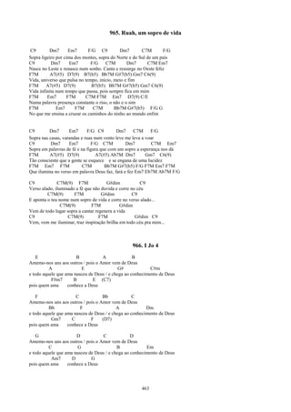 965. Ruah, um sopro de vida

C9        Dm7       Em7       F/G C9         Dm7        C7M       F/G
Sopra ligeiro por cima dos montes, sopra do Norte e do Sul de um país
C9         Dm7       Em7       F/G    C7M        Dm7       C7M Em7
Nasce no Leste e renasce num sonho. Canta e ressurge no Oeste feliz
F7M        A7(#5) D7(9) B7(b5) Bb7M G#7(b5) Gm7 C6(9)
Vida, universo que pulsa no tempo, início, meio e fim
F7M      A7(#5) D7(9)          B7(b5) Bb7M G#7(b5) Gm7 C6(9)
Vida infinita num tempo que passa, pois sempre fica em mim
F7M      Em7       F7M      C7M F7M Em7 D7(9) C/E
Numa palavra presença constante o riso, o não e o sim
F7M           Em7      F7M      C7M        Bb7M G#7(b5) F/G G
No que me ensina a cruzar os caminhos do ninho ao mundo enfim


C9        Dm7       Em7      F/G C9        Dm7      C7M     F/G
Sopra nas casas, varandas e ruas num vento leve me leva a voar
C9         Dm7      Em7        F/G C7M          Dm7          C7M Em7
Sopra em palavras de fé e na figura que com um sopro a esperança nos dá
F7M       A7(#5) D7(9)            A7(#5) Ab7M Dm7         Gm7 C6(9)
Tão consciente que a gente se esquece e se engana de uma lucidez
F7M Em7 F7M               C7M         Bb7M G#7(b5) F/G F7M Em7 F7M
Que ilumina no verso em palavra Deus faz, fará e fez Em7 Eb7M Ab7M F/G

C9            C7M(9) F7M              G#dim             C9
Verso alado, iluminado a fé que não duvida e corre no céu
         C7M(9)       F7M           G#dim           C9
E aponta o teu nome num sopro de vida e corre no verso alado...
                C7M(9)         F7M           G#dim
Vem de todo lugar sopra a cantar regenera a vida
C9                 C7M(9)          F7M               G#dim C9
Vem, vem me iluminar, traz inspiração brilha em todo céu pra mim...



                                                   966. I Jo 4
    E                  B           A               B
Amemo-nos uns aos outros / pois o Amor vem de Deus
          A              E                  G#             C#m
e todo aquele que ama nasceu de Deus / e chega ao conhecimento de Deus
           F#m7       B        E (C7)
pois quem ama      conhece a Deus

    F                  C           Bb              C
Amemo-nos uns aos outros / pois o Amor vem de Deus
          Bb             F                 A             Dm
e todo aquele que ama nasceu de Deus / e chega ao conhecimento de Deus
           Gm7       C        F    (D7)
pois quem ama      conhece a Deus

    G                  D           C              D
Amemo-nos uns aos outros / pois o Amor vem de Deus
          C             G                  B             Em
e todo aquele que ama nasceu de Deus / e chega ao conhecimento de Deus
           Am7       D        G
pois quem ama      conhece a Deus




                                                       463
 