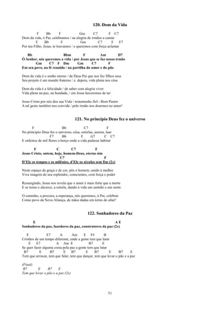 120. Dom da Vida
          F      Bb        F            Gm      C7        F C7
Dom da vida, ó Pai, celebramos / na alegria de irmãos a cantar
         F      Bb          F           Gm         C7       F    F7
Por teu Filho, Jesus, te louvamos / e queremos com força aclamar

   Bb                    Bbm           F         Am          D7
Ó Senhor, nós queremos a vida / por Jesus que se faz nosso irmão
        Gm      C7 F Dm            Gm       C7        F
Em seu povo, na fé reunido / na partilha do amor e do pão

Dom da vida é o sonho eterno / de Deus Pai que nos fez filhos seus
Seu projeto é um mundo fraterno / e. depois, vida plena nos céus

Dom da vida é a felicidade / de saber com alegria viver
Vida plena na paz, na bondade, / em Jesus haveremos de ter

Jesus Cristo por nós deu sua Vida / testemunho fiel - Bom Pastor
A tal gesto também nos convida / pelo irmão nos doarmos no amor!


                                    121. No princípio Deus fez o universo
       F                    Bb            C7               F
No princípio Deus fez o universo, céus, estrelas, aurora, luar
                   F7       Bb          F      G7        C C7
E enfeitou de mil flores o berço onde a vida pudesse habitar

       F              C         C7             F
Jesus Cristo, ontem, hoje, homem-Deus, eterno sim
                        C7                           F
D’Ele os tempos e os milênios, d’Ele os séculos sem fim (2x)

Neste espaço de graça e de cor, pôs o homem, unido à mulher
Viva imagem do seu esplendor, conscientes, com força e poder

Ressurgindo, Jesus nos revela que o amor é mais forte que a morte
E se torna o alicerce, a estrela, dando à vida um sentido e um norte.

O caminho, a procura, a esperança, nós queremos, ó Pai, celebrar
Como povo da Nova Aliança, de mãos dadas em torno do altar!


                                             122. Sonhadores da Paz
      E                                                   AE
Sonhadores da paz, fazedores da paz, construtores da paz (2x)

   E             E7      A        Am     E F#          B
Cristãos de um tempo diferente, onde a gente tem que lutar
    E     E7          A Am E                 B7       E
Se quer fazer alguma coisa pela paz a gente tem que lutar
 B7         E      B7      E      B7       E     B7       E      B7      E
Tem que arriscar, tem que falar, tem que dançar, tem que levar o pão e a paz

(Final)
 B7       E      B7     E
Tem que levar o pão e a paz (2x)




                                                           51
 