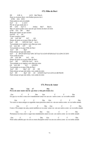 172. Filho de Davi
D9         G/B A             A/C# Bm7 Bm/A
Hoje eu só posso dizer, vem Senhor preciso de ti
 G7M A/G D/F#
Outra palavra seria inverdade
Em7      G        A A/C#
Pôr de sol que ainda não vi
D9     G/B       Em7 A            A#dim       Bm7       Bm/A
Mas ser queres podes curar esta dor que insiste em doer em mim
G7M A/G D9               Bm7
Basta que toques ou que escutes
Em7(9) G         A9
O meu coração a pedir
 G9     A/G D9           F#7       G9
Dentro do peito eu te peço Filho de Davi
Em7     D9         D/F# G9 Em7 A4 A
Tem piedade eu te imploro vem olhar por mim
G9 A/G D9          F#7       G9
Tem piedade eu te peço Filho de Davi
Em7      D9          Bm7
Outro desejo sei que não tenho
Em7      A D9 G9 D/F# Em7 D9 C B7 Em7 G/A D/F# B7(b9) Em7 G/A D9 C/E D/F#
Vem cuidar de mim
 G9     A/G D9           F#7    G9
Dentro do peito eu te peço Filho de Davi
Em7     D9         D/F# G9 Em7 A4 A
Tem piedade eu te imploro vem olhar por mim
G9 A/G D9              F#7       G9 D/F#
Tem piedade eu te peço Filho de Davi
Em7 D9               Bm7 G9       A9      D9
Outro desejo sei que não tenho, vem cuidar de mim
Em7 D9               Bm7 G9        A9     G9 D/F# Em7 G/A G9 G/A Bb7M D9
Outro desejo sei que não tenho, vem cuidar de mim




                                            173. Prova de Amor
 Dm                  Gm     A7                   Dm
Prova de amor maior não há que doar a vida pelo irmão (2x)

 Gm              C        F        Dm      Gm                C           F           Dm
Eis que eu vos dou o meu novo mandamento amai-vos uns aos outros como eu vos tenho amado

      Gm            C             F           Dm       Gm                C          F            Dm
Vos serei os meus amigos se seguirdes meus preceitos amai-vos uns aos outros como eu vos tenho amado

        Gm            C             F         Dm     Gm              C           F            Dm
Como o Pai sempre me ama, assim também eu vos amei amai-vos uns aos outros como eu vos tenho amado

       Gm           C      F            Dm      Gm               C          F            Dm
Permanecei no meu amor e segui meu mandamento amai-vos uns aos outros como eu vos tenho amado

 Gm            C             F               Dm       Gm               C          F            Dm
Nisto todos saberão que vós sois os meus discípulos amai-vos uns aos outros como eu vos tenho amado




                                                       71
 