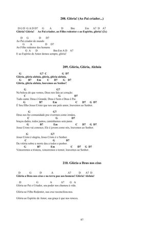 208. Glória! (Ao Pai criador...)

 D G D G A D D7    G      A         D       Bm          Em A7 D A7
Glória! Glória! Ao Pai criador, ao Filho redentor e ao Espírito, glória! (2x)

   D     G          D    D7
Ao Pai criador do mundo
     G       A           D D7
Ao Filho redentor dos homens
        G A      D             Bm Em A D        A7
E ao Espírito de Amor demos sempre, glória!



                                         209. Glória, Glória, Aleluia
  G                  G7 C                  G D7
Glória, glória aleluia, glória, glória aleluia.
  G       B7       Em       C      D7       G D7
Glória, glória aleluia, louvemos ao Senhor!

      G                             G7
Na beleza do que vemos, Deus nos fala ao coração.
      C                               G             D7
Tudo canta: Deus é Grande, Deus é bom e Deus é Pai.
      G              B7          Em                  C    D7    G D7
É Seu filho Jesus Cristo que nos une pelo amor, louvemos ao Senhor.

           G                      G7
Deus nos fez comunidade pra vivermos como irmãos,
          C                         G            D7
braços dados, todos juntos, caminhamos sem parar.
         G           B7           Em                C    D7    G D7
Jesus Cristo vai conosco, Ele é jovem como nós, louvemos ao Senhor.

         G                       G7
Jesus Cristo é alegria, Jesus Cristo é o Senhor.
       C                           G          D7
Da vitória sobre a morte deu a todos o penhor.
       G           B7           Em               C  D7    G D7
Venceremos a tristeza, venceremos o temor, louvemos ao Senhor.



                                         210. Glória a Deus nos céus

 D         G       D          A             A7      D     A7 D
Glória a Deus nos céus e na terra paz aos homens! Glória! Aleluia!

  D               G            A        A7     G A
Glória ao Pai o Criador, seu poder nos chamou à vida.

Glória ao Filho Redentor, sua cruz reconciliou-nos.

Glória ao Espírito de Amor, sua graça é que nos renova.




                                                          87
 