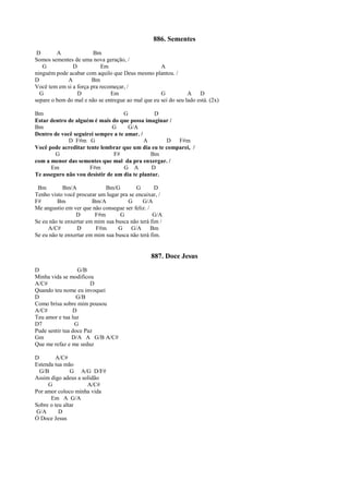 886. Sementes
D A Bm
Somos sementes de uma nova geração, /
G D Em A
ninguém pode acabar com aquilo que Deus mesmo plantou. /
D A Bm
Você tem em si a força pra recomeçar, /
G D Em G A D
separe o bem do mal e não se entregue ao mal que eu sei do seu lado está. (2x)
Bm G D
Estar dentro de alguém é mais do que possa imaginar /
Bm G G/A
Dentro de você seguirei sempre a te amar. /
D F#m G A D F#m
Você pode acreditar tente lembrar que um dia eu te comparei, /
G F# Bm
com a menor das sementes que mal da pra enxergar. /
Em F#m G A D
Te asseguro não vou desistir de um dia te plantar.
Bm Bm/A Bm/G G D
Tenho visto você procurar um lugar pra se encaixar, /
F# Bm Bm/A G G/A
Me angustio em ver que não consegue ser feliz. /
D F#m G G/A
Se eu não te enxertar em mim sua busca não terá fim /
A/C# D F#m G G/A Bm
Se eu não te enxertar em mim sua busca não terá fim.
887. Doce Jesus
D G/B
Minha vida se modificou
A/C# D
Quando teu nome eu invoquei
D G/B
Como brisa sobre mim pousou
A/C# D
Teu amor e tua luz
D7 G
Pude sentir tua doce Paz
Gm D/A A G/B A/C#
Que me refaz e me seduz
D A/C#
Estenda tua mão
G/B G A/G D/F#
Assim digo adeus a solidão
G A/C#
Por amor coloco minha vida
Em A G/A
Sobre o teu altar
G/A D
Ó Doce Jesus
 