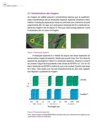 SILVA,M.V.C.da;BRITO,E.G.
118
2.1. Características das imagens
As imagens de satélite possuem características básicas que as qualificam,
estas características são as resoluções espacial, espectral, temporal e radio-
métrica. A resolução espacial por vezes se confunde com o tamanho do pixel
propriamente dito. Ou seja, se o pixel possui resolução de 5m a resolução es-
pacial da imagem é de 5m (figura 7). Para que você consiga observar o pixel
é necessário dar um zoom na imagem.
Figura 7: Resolução espacial
A resolução espectral é a medida da largura das faixas espectrais do
sensor sobre a região do espectro. Neste caso quanto mais “fina” for a faixa do
espectro de abrangência melhor é a resolução espectral. Observe o canal 6
do Landsat 7 (figura 8) é equivalente a três canais doASTER o 12, 13 e 14. Ou
seja a resolução doASTER é melhor do que a do Landsat. Quanto mais larga
for a faixa, mais dados que não são especificamente do alvo será captado,
isso degrada a qualidade da imagem.
Figura 8: Resolução espectral
Fonte: http://mundogeo.com/blog/2009/07/09/uso-de-dados-aster-para-a-identificacao-da-vegetacao-e-de-
-oxido-de-ferro/. Acesso em 02/01/2015
 