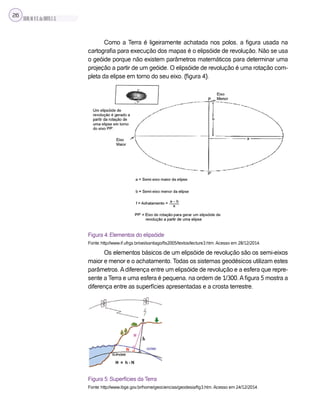 SILVA,M.V.C.da;BRITO,E.G.
26
Como a Terra é ligeiramente achatada nos polos, a figura usada na
cartografia para execução dos mapas é o elipsóide de revolução. Não se usa
o geóide porque não existem parâmetros matemáticos para determinar uma
projeção a partir de um geóide. O elipsóide de revolução é uma rotação com-
pleta da elipse em torno do seu eixo. (figura 4).
Figura 4: Elementos do elipsóide
Fonte: http://www.if.ufrgs.br/oei/santiago/fis2005/textos/lecture3.htm. Acesso em 28/12/2014.
Os elementos básicos de um elipsóide de revolução são os semi-eixos
maior e menor e o achatamento. Todas os sistemas geodésicos utilizam estes
parâmetros.Adiferença entre um elipsóide de revolução e a esfera que repre-
sente a Terra e uma esfera é pequena, na ordem de 1/300.Afigura 5 mostra a
diferença entre as superfícies apresentadas e a crosta terrestre.
Figura 5: Superfícies da Terra
Fonte: http://www.ibge.gov.br/home/geociencias/geodesia/fig3.htm. Acesso em 24/12/2014.
 