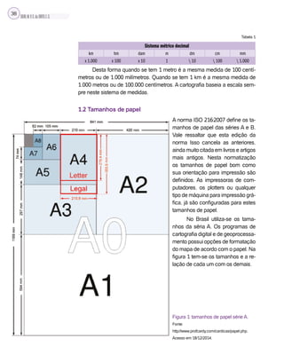 SILVA,M.V.C.da;BRITO,E.G.
38
Tabela 1
Sistema métrico decimal
km hm dam m dm cm mm
x 1.000 x 100 x 10 1  10  100  1.000
Desta forma quando se tem 1 metro é a mesma medida de 100 centí-
metros ou de 1.000 milímetros. Quando se tem 1 km é a mesma medida de
1.000 metros ou de 100.000 centímetros. A cartografia baseia a escala sem-
pre neste sistema de medidas.
1.2 Tamanhos de papel
A norma ISO 216:2007 define os ta-
manhos de papel das séries A e B.
Vale ressaltar que esta edição da
norma Isso cancela as anteriores,
ainda muito citada em livros e artigos
mais antigos. Nesta normatização
os tamanhos de papel bom como
sua orientação para impressão são
definidos. As impressoras de com-
putadores, os plotters ou qualquer
tipo de máquina para impressão grá-
fica, já são configuradas para estes
tamanhos de papel.
No Brasil utiliza-se os tama-
nhos da séria A. Os programas de
cartografia digital e de geoprocessa-
mento possui opções de formatação
do mapa de acordo com o papel. Na
figura 1 tem-se os tamanhos e a re-
lação de cada um com os demais.
Figura 1: tamanhos de papel série A.
Fonte:
http://www.profcardy.com/cardicas/papel.php.
Acesso em 18/12/2014.
 