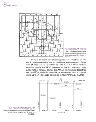 SILVA,M.V.C.da;BRITO,E.G.
54
Figura 6: Fusos UTM no Brasil.
Fonte: http://www.ibge.gov.br/home/
geociencias/cartografia/manual_no-
coes/representacao.html. Acesso em
20/12/2014.
Como foi dito cada fuso deste corresponde a uma rotação de um cilin-
dro. O meridiano central do fuso é o meridiano a leste somando 3°. Para a
zona 24, onde situa-se o Ceará tem-se então 36° + 3° = 39°. O meridiano
central da zona 24 é de 39°. O fator de escala, que é a deformação do real
para o mapa no meridiano central é de 0,9996. Já nos meridianos de secância
que dista 180km do meridiano central é 1 e nos extremos da zona, nos meri-
dianos 36° e 42° é de 1,0015, observe isto na figura 7 (NOGUEIRA, 2008).
Figura 7: características da zona UTM
Fonte: http://www.ebah.com.br/content/ABAAAgR70AA/
apostila-fatec-sp-topografia?part=3. Acesso em
20/12/2014.
 