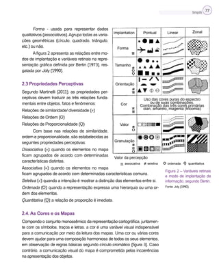 Cartografia 77
Forma - usada para representar dados
qualitativos (associativos).Agrupa todas as varia-
ções geométricas (círculo, quadrado, triângulo,
etc.) ou não.
A figura 2 apresenta as relações entre mo-
dos de implantação e variáveis retinais na repre-
sentação gráfica definida por Bertin (1973), res-
gatada por Joly (1990).
2.3 Propriedades Perceptivas
Segundo Martinelli (2011), as propriedades per-
ceptivas devem traduzir as três relações funda-
mentais entre objetos, fatos e fenômenos:
Relações de similaridade/ diversidade (≠)
Relações de Ordem (O)
Relações de Proporcionalidade (Q)
Com base nas relações de similaridade,
ordem e proporcionalidade, são estabelecidas as
seguintes propriedades perceptivas:
Dissociativa (≡): quando os elementos no mapa
ficam agrupados de acordo com determinadas
características distintas.
Associativa (≡): quando os elementos no mapa
ficam agrupados de acordo com determinadas características comuns.
Seletiva (≠): quando a intenção é mostrar a distinção dos elementos entre si.
Ordenada (O): quando a representação expressa uma hierarquia ou uma or-
dem dos elementos.
Quantitativa (Q): a relação de proporção é imediata.
2.4. As Cores e os Mapas
Compondo o conjunto monossêmico da representação cartográfica, juntamen-
te com os símbolos, traços e letras, a cor é uma variável visual indispensável
para a comunicação por meio da leitura dos mapas. Uma cor ou várias cores
devem ajudar para uma composição harmoniosa de todos os seus elementos,
em observação de regras básicas segundo círculo cromático (figura 3). Caso
contrário, a comunicação visual do mapa é comprometida pelas incoerências
na apresentação dos objetos.
Figura 2 – Variáveis retinais
e modo de implantação da
informação, segundo Bertin.
Fonte: Joly (1990).
 