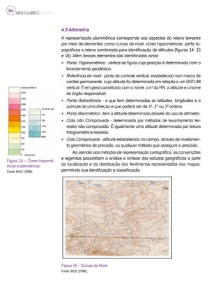 SILVA,M.V.C.da;BRITO,E.G.
84
4.3 Altimetria
A representação planimétrica corresponde aos aspectos do relevo terrestre
por meio de elementos como curvas de nível, cores hipsométricas, perfis to-
pográficos e relevo sombreado para identificação de altitudes (figuras 14, 15
e 16). Além desses elementos são identificados ainda:
• Ponto Trigonométrico - vértice de figura cuja posição é determinada com o
levantamento geodésico.
• Referência de nível - ponto de controle vertical, estabelecido num marco de
caráter permanente, cuja altitude foi determinada em relação a um DATUM
vertical. É em geral constituído com o nome, o nº da RN, a altitude e o nome
do órgão responsável.
• Ponto Astronômico - o que tem determinadas as latitudes, longitudes e o
azimute de uma direção e que poderá ser de 1ª, 2ª ou 3ª ordens.
• Ponto Barométrico - tem a altitude determinada através do uso de altímetro.
• Cota não Comprovada - determinada por métodos de levantamento ter-
restre não comprovado. É igualmente uma altitude determinada por leitura
fotogramétrica repetida.
• Cota Comprovada - altitude estabelecida no campo, através de nivelamen-
to geométrico de precisão, ou qualquer método que assegure a precisão.
Ao atender aos métodos de representação cartográfica, as convenções
e legendas possibilitam a análise e síntese dos estudos geográficos a partir
da localização e da distribuição dos fenômenos representados nos mapas,
permitindo sua identificação e classificação.
Figura 15 – Curvas de Nível.
Fonte: IBGE (1998).
Figura 14 – Cores hipsomé-
tricas e batimétricas.
Fonte: IBGE (1998)
 