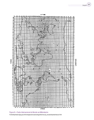 Cartografia 97
Figura 8 – Carta Internacional do Mundo ao Milionésimo
Fonte:http://www.ibge.gov.br/home/geociencias/cartografia/manual_nocoes/representacao.html
 