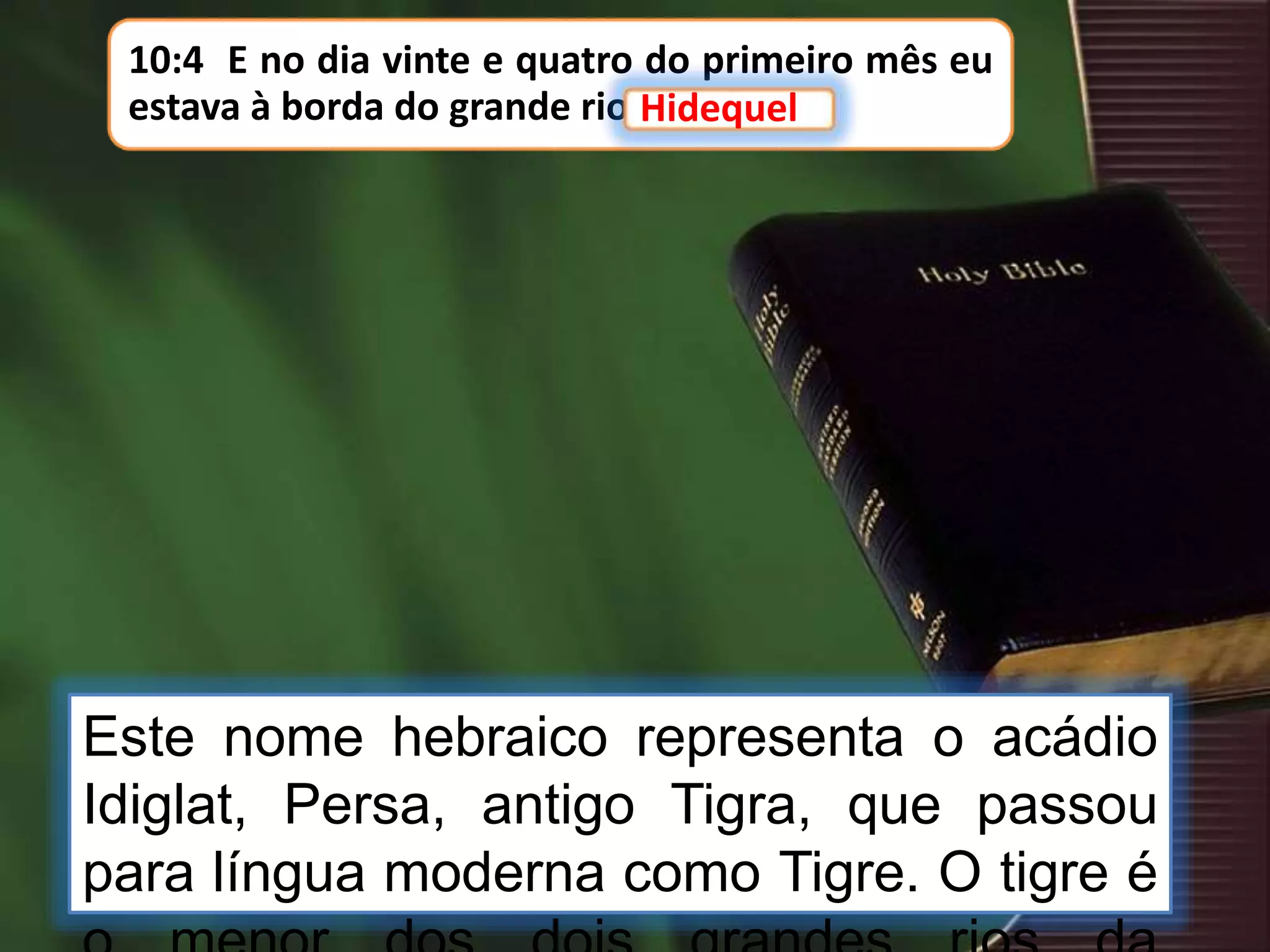10:4 E no dia vinte e quatro do primeiro mês eu
estava à borda do grande rio Hidequel;Hidequel
Este nome hebraico representa o acádio
Idiglat, Persa, antigo Tigra, que passou
para língua moderna como Tigre. O tigre é
 