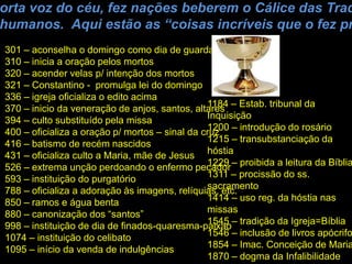 Cálice embriagante
orta voz do céu, fez nações beberem o Cálice das Trad
humanos. Aqui estão as “coisas incríveis que o fez pr
301 – aconselha o domingo como dia de guarda
310 – inicia a oração pelos mortos
320 – acender velas p/ intenção dos mortos
321 – Constantino - promulga lei do domingo
336 – igreja oficializa o edito acima
370 – inicio da veneração de anjos, santos, altares
394 – culto substituído pela missa
400 – oficializa a oração p/ mortos – sinal da cruz
416 – batismo de recém nascidos
431 – oficializa culto a Maria, mãe de Jesus
526 – extrema unção perdoando o enfermo pecador
593 – instituição do purgatório
788 – oficializa a adoração às imagens, relíquias, etc.
850 – ramos e água benta
880 – canonização dos “santos”
998 – instituição de dia de finados-quaresma-paixao
1074 – instituição do celibato
1095 – início da venda de indulgências
1184 – Estab. tribunal da
Inquisição
1200 – introdução do rosário
1215 – transubstanciação da
hóstia
1229 – proibida a leitura da Bíblia
1311 – procissão do ss.
sacramento
1414 – uso reg. da hóstia nas
missas
1545 – tradição da Igreja=Bíblia
1546 – inclusão de livros apócrifo
1854 – Imac. Conceição de Maria
1870 – dogma da Infalibilidade
 