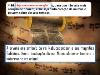 Seja mudado o seu coração
4:16 Seja mudado o seu coração, para que não seja mais
coração de homem, e lhe seja dado coração de animal; e
passem sobre ele sete tempos.

A árvore era símbolo do rei Nabucodonosor e sua magnífica
Babilônia. Nesta ilustração divina, Nabucodonosor tomaria a
natureza de um animal.

 