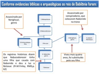 Assassinado por
Neriglissar,
genro

1.Nabopolassar

Assassinado por
conspiradores, que
colocaram Nabonido
no trono

2.Nabucodonosor

4.Neriglissar,
genro
3.Evilmerodaque,
filho

Os registros históricos dizem
que Nabucodonosor tinha
uma filha que casada com
Nabonido e deu a luz a
Belzasar. (Pr.M.Finley, RMD,p.
62)

filha
Filha (as)

6. Nabonido,
genro

7.Belsazar

Viveu mais quatro
anos, foi substituído
pelo seu filho

5.LabashiMarduque

 