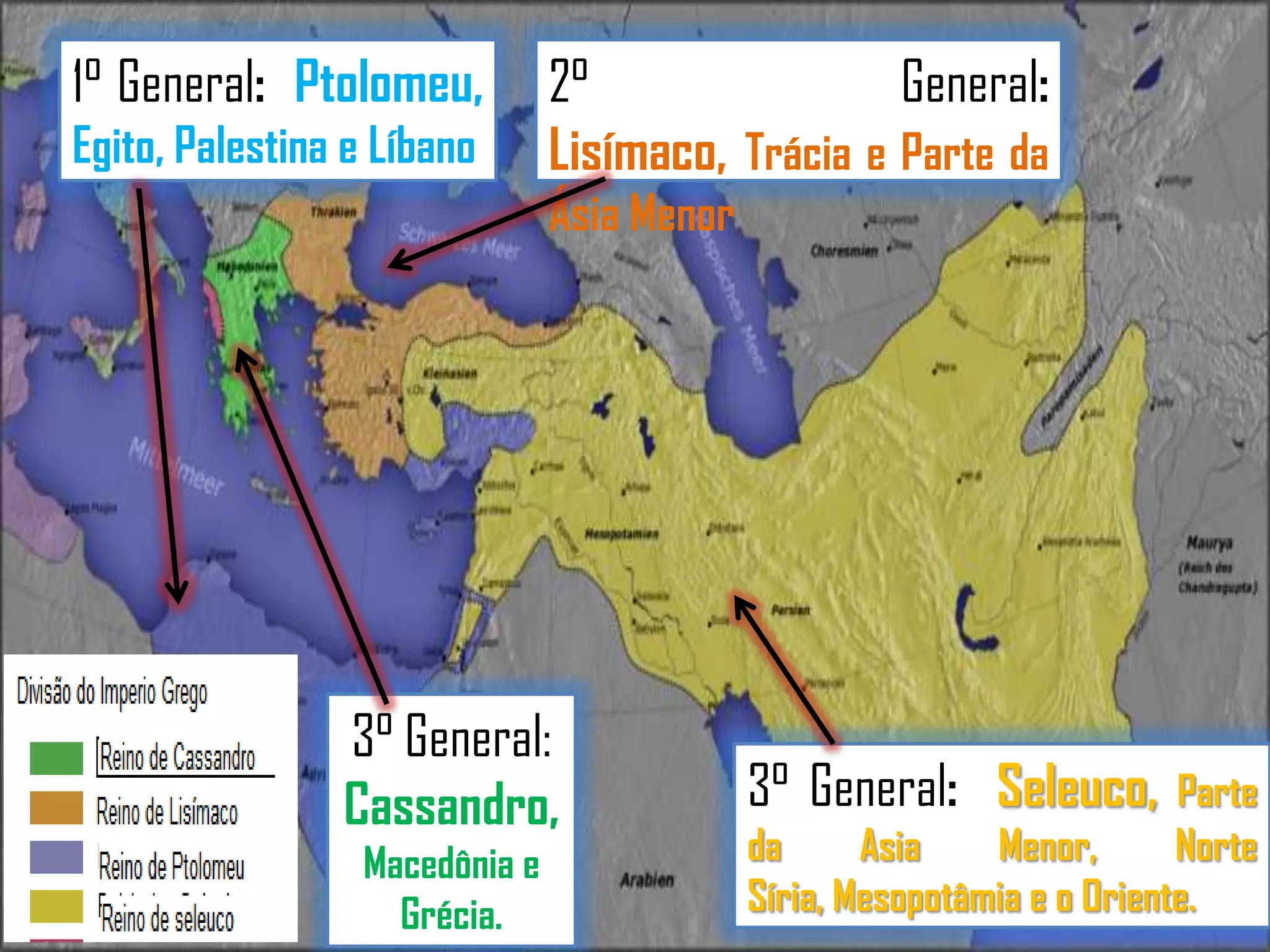 1° General: Ptolomeu,
Egito, Palestina e Líbano

2°
General:
Lisímaco, Trácia e Parte da
Ásia Menor

3° General:
Cassandro,
Macedônia e
Grécia.

3° General: Seleuco,

Parte
da
Asia
Menor,
Norte
Síria, Mesopotâmia e o Oriente.

 