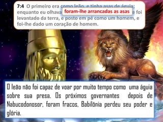 7:4 O primeiro era como leão, e tinha asas de águia;
enquanto eu olhava, foram-lhe arrancadas as asas e foi
asas,
levantado da terra, e posto em pé como um homem, e
foi-lhe dado um coração de homem.

O leão não foi capaz de voar por muito tempo como uma águia
sobre sua presa. Os próximos governantes depois de
Nabucodonosor, foram fracos, Babilônia perdeu seu poder e
glória.

 