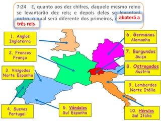 7:24 E, quanto aos dez chifres, daquele mesmo reino
se levantarão dez reis; e depois deles se levantará
outro, o qual será diferente dos primeiros, e abaterá a
a
três reis.
reis

 