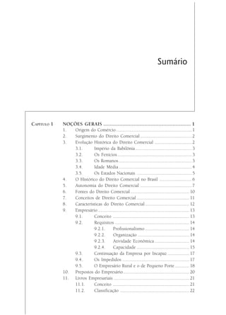 Sumário




CAPÍTULO 1   NOÇÕES GERAIS .................................................................... 1
             1.  Origem do Comércio ............................................................... 1
             2.  Surgimento do Direito Comercial ........................................... 2
             3.  Evolução Histórica do Direito Comercial ............................... 2
                 3.1.      Império da Babilônia ............................................... 3
                 3.2.      Os Fenícios .............................................................. 3
                 3.3.      Os Romanos ............................................................. 3
                 3.4.      Idade Média ............................................................. 4
                 3.5.      Os Estados Nacionais .............................................. 5
             4.  O Histórico do Direito Comercial no Brasil ........................... 6
             5.  Autonomia do Direito Comercial ........................................... 7
             6.  Fontes do Direito Comercial ................................................. 10
             7.  Conceitos de Direito Comercial ............................................ 11
             8.  Características do Direito Comercial ..................................... 12
             9.  Empresário ............................................................................ 13
                 9.1.      Conceito ................................................................ 13
                 9.2.      Requisitos .............................................................. 14
                           9.2.1.       Profissionalismo ..................................... 14
                           9.2.2.       Organização ........................................... 14
                           9.2.3.       Atividade Econômica ............................. 14
                           9.2.4.       Capacidade ............................................ 15
                 9.3.      Continuação da Empresa por Incapaz .................. 17
                 9.4.      Os Impedidos ........................................................ 17
                 9.5.      O Empresário Rural e o de Pequeno Porte ............ 18
             10. Prepostos do Empresário ....................................................... 20
             11. Livros Empresariais ............................................................... 21
                 11.1.     Conceito ................................................................ 21
                 11.2.     Classificação .......................................................... 22
 