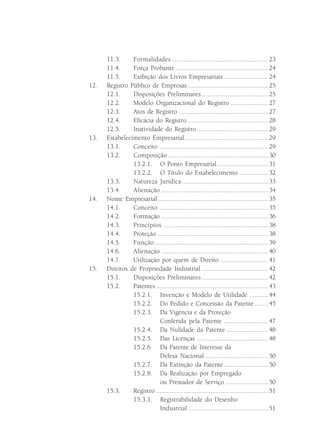 11.3.     Formalidades ......................................................... 23
      11.4.     Força Probante ...................................................... 24
      11.5.     Exibição dos Livros Empresariais .......................... 24
12.   Registro Público de Empresas ............................................... 25
      12.1.     Disposições Preliminares ....................................... 25
      12.2.     Modelo Organizacional do Registro ...................... 27
      12.3.     Atos de Registro ..................................................... 27
      12.4.     Eficácia do Registro ............................................... 28
      12.5.     Inatividade do Registro .......................................... 29
13.   Estabelecimento Empresarial ................................................. 29
      13.1.     Conceito ................................................................ 29
      13.2.     Composição ........................................................... 30
                13.2.1. O Ponto Empresarial .............................. 31
                13.2.2. O Título do Estabelecimento ................. 32
      13.3.     Natureza Jurídica ................................................... 33
      13.4.     Alienação ............................................................... 34
14.   Nome Empresarial ................................................................. 35
      14.1.     Conceito ................................................................ 35
      14.2.     Formação ............................................................... 36
      14.3.     Princípios .............................................................. 38
      14.4.     Proteção ................................................................. 38
      14.5.     Função ................................................................... 39
      14.6.     Alienação ............................................................... 40
      14.7.     Utilização por quem de Direito ............................ 41
15.   Direitos de Propriedade Industrial ....................................... 42
      15.1.     Disposições Preliminares ....................................... 42
      15.2.     Patentes .................................................................. 43
                15.2.1. Invenção e Modelo de Utilidade ........... 44
                15.2.2. Do Pedido e Concessão da Patente ........ 45
                15.2.3. Da Vigência e da Proteção
                           Conferida pela Patente .......................... 47
                15.2.4. Da Nulidade da Patente ......................... 48
                15.2.5. Das Licenças .......................................... 48
                15.2.6. Da Patente de Interesse da
                           Defesa Nacional ..................................... 50
                15.2.7. Da Extinção da Patente .......................... 50
                15.2.8. Da Realização por Empregado
                           ou Prestador de Serviço ......................... 50
      15.3.     Registro .................................................................. 51
                15.3.1. Registrabilidade do Desenho
                           Industrial ............................................... 51
 