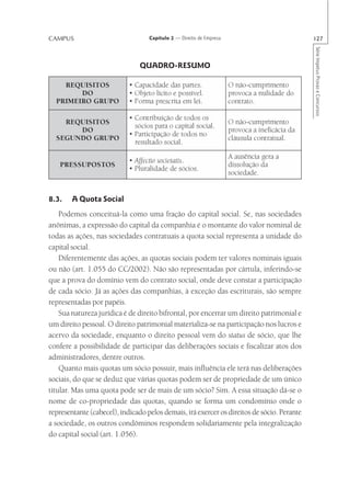 CAMPUS                             Capítulo 2 — Direito de Empresa                          127




                                                                                            Série Impetus Provas e Concursos
                                QUADRO-RESUMO




8.3.    A Quota Social
    Podemos conceituá-la como uma fração do capital social. Se, nas sociedades
anônimas, a expressão do capital da companhia é o montante do valor nominal de
todas as ações, nas sociedades contratuais a quota social representa a unidade do
capital social.
    Diferentemente das ações, as quotas sociais podem ter valores nominais iguais
ou não (art. 1.055 do CC/2002). Não são representadas por cártula, inferindo-se
que a prova do domínio vem do contrato social, onde deve constar a participação
de cada sócio. Já as ações das companhias, à exceção das escriturais, são sempre
representadas por papéis.
    Sua natureza jurídica é de direito bifrontal, por encerrar um direito patrimonial e
um direito pessoal. O direito patrimonial materializa-se na participação nos lucros e
acervo da sociedade, enquanto o direito pessoal vem do status de sócio, que lhe
confere a possibilidade de participar das deliberações sociais e fiscalizar atos dos
administradores, dentre outros.
    Quanto mais quotas um sócio possuir, mais influência ele terá nas deliberações
sociais, do que se deduz que várias quotas podem ser de propriedade de um único
titular. Mas uma quota pode ser de mais de um sócio? Sim. A essa situação dá-se o
nome de co-propriedade das quotas, quando se forma um condomínio onde o
representante (cabecel), indicado pelos demais, irá exercer os direitos de sócio. Perante
a sociedade, os outros condôminos respondem solidariamente pela integralização
do capital social (art. 1.056).
 