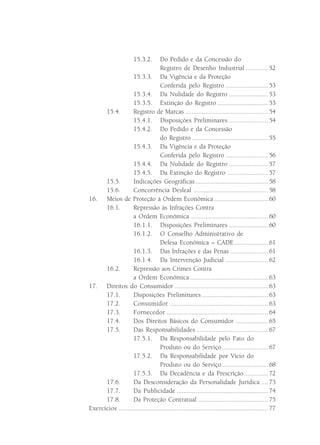 15.3.2.    Do Pedido e da Concessão do
                                   Registro de Desenho Industrial ............. 52
                   15.3.3. Da Vigência e da Proteção
                                   Conferida pelo Registro ......................... 53
                    15.3.4. Da Nulidade do Registro ....................... 53
                    15.3.5. Extinção do Registro .............................. 53
      15.4.         Registro de Marcas ................................................. 54
                    15.4.1. Disposições Preliminares ....................... 54
                    15.4.2. Do Pedido e da Concessão
                                   do Registro ............................................. 55
                    15.4.3. Da Vigência e da Proteção
                                   Conferida pelo Registro ......................... 56
                    15.4.4. Da Nulidade do Registro ....................... 57
                    15.4.5. Da Extinção do Registro ........................ 57
      15.5.         Indicações Geográficas ........................................... 58
      15.6.         Concorrência Desleal ............................................ 58
16. Meios de Proteção à Ordem Econômica ................................ 60
      16.1.         Repressão às Infrações Contra
                    a Ordem Econômica .............................................. 60
                    16.1.1. Disposições Preliminares ....................... 60
                    16.1.2. O Conselho Administrativo de
                                   Defesa Econômica – CADE .................... 61
                    16.1.3. Das Infrações e das Penas ...................... 61
                    16.1.4. Da Intervenção Judicial ......................... 62
      16.2.         Repressão aos Crimes Contra
                    a Ordem Econômica .............................................. 63
17. Direitos do Consumidor ....................................................... 63
      17.1.         Disposições Preliminares ....................................... 63
      17.2.         Consumidor .......................................................... 63
      17.3.         Fornecedor ............................................................ 64
      17.4.         Dos Direitos Básicos do Consumidor ................... 65
      17.5.         Das Responsabilidades .......................................... 67
                   17.5.1. Da Responsabilidade pelo Fato do
                                   Produto ou do Serviço ........................... 67
                   17.5.2. Da Responsabilidade por Vício do
                                   Produto ou do Serviço ........................... 68
                   17.5.3. Da Decadência e da Prescrição .............. 72
      17.6.         Da Desconsideração da Personalidade Jurídica .... 73
      17.7.         Da Publicidade ...................................................... 74
      17.8.         Da Proteção Contratual ......................................... 75
Exercícios ........................................................................................ 77
 
