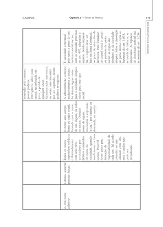 nomeado pelo contrato,
                                                                                  possui poderes
                                                                                  irrevogáveis, salvo justa
                                                                                                                                                        CAMPUS




                                                                                  causa, reconhecida em
                                                                                  juízo, a pedido de
                                                                                  qualquer sócio.
                                                                                  Administrador não-sócio,
                                                                                  ou sócio, mas investido
                                                                                  por ato separado, detém
                                                                                  poderes revogáveis.

2– Em nome   Cotistas, somente Todos os sócios         O nome será sempre         A administração compete     É sociedade contratual,
coletivo     pessoas físicas. respondem solidária      firma ou razão social,     exclusivamente a sócios.    pois nasce a partir de um
                               e ilimitadamente        formada com o nome         As demais regras vistas     contrato social escrito,
                               com seus bens           de um, alguns, ou todos    para a sociedade simples    com as cláusulas previstas
                               particulares por        os sócios. Omitido         valem para esse tipo        no art. 997, adaptadas à
                               débitos contraídos      nome de algum,             social.                     espécie. Sendo empresá-
                               em nome da              necessária a expressão                                 ria, o registro deve ser
                               sociedade, quando       “e cia.”, por extenso ou                               feito na Junta Comercial,
                               insuficientes os bens   abreviada, ou similar.                                 no prazo de trinta dias da
                               sociais. Possível                                                              lavratura. Para formação
                                                                                                                                                         Capítulo 2 — Direito de Empresa




                               haver pacto para                                                               do capital social e cessão
                               limitação da                                                                   ou penhora de quota
                               responsabilidade de                                                            social, as regras são
                               cada um. Tal acordo,                                                           similares às da sociedade
                               contudo, só tem                                                                simples. Sobre a dissolução
                               validade entre eles,                                                           de pleno direito, copia as
                               pois o credor não                                                              hipóteses do art. 1.033,
                               pode ser                                                                       acrescida da falência, se
                               prejudicado.                                                                   empresária. As hipótese
                                                                                                              de dissolução judicial são
                                                                                                              as mesmas do art. 1.034.

                                                                                                                     Série Impetus Provas e Concursos
                                                                                                                                                        179
 