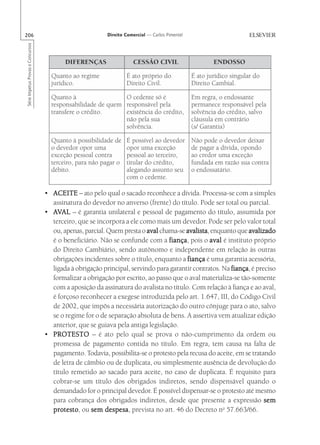 206                                                       Direito Comercial — Carlos Pimentel
Série Impetus Provas e Concursos




                                   • ACEITE – ato pelo qual o sacado reconhece a dívida. Processa-se com a simples
                                     assinatura do devedor no anverso (frente) do título. Pode ser total ou parcial.
                                   • AVAL – é garantia unilateral e pessoal de pagamento do título, assumida por
                                     terceiro, que se incorpora a ele como mais um devedor. Pode ser pelo valor total
                                     ou, apenas, parcial. Quem presta o aval chama-se avalista enquanto que avalizado
                                                                                       avalista,
                                     é o beneficiário. Não se confunde com a fiança pois o aval é instituto próprio
                                                                                 fiança,
                                     do Direito Cambiário, sendo autônomo e independente em relação às outras
                                     obrigações incidentes sobre o título, enquanto a fiança é uma garantia acessória,
                                     ligada à obrigação principal, servindo para garantir contratos. Na fiança é preciso
                                                                                                        fiança,
                                     formalizar a obrigação por escrito, ao passo que o aval materializa-se tão-somente
                                     com a aposição da assinatura do avalista no título. Com relação à fiança e ao aval,
                                     é forçoso reconhecer a exegese introduzida pelo art. 1.647, III, do Código Civil
                                     de 2002, que impôs a necessária autorização do outro cônjuge para o ato, salvo
                                     se o regime for o de separação absoluta de bens. A assertiva vem atualizar edição
                                     anterior, que se guiava pela antiga legislação.
                                   • PROTESTO – é ato pelo qual se prova o não-cumprimento da ordem ou
                                     promessa de pagamento contida no título. Em regra, tem causa na falta de
                                     pagamento. Todavia, possibilita-se o protesto pela recusa do aceite, em se tratando
                                     de letra de câmbio ou de duplicata, ou simplesmente ausência de devolução do
                                     título remetido ao sacado para aceite, no caso de duplicata. É requisito para
                                     cobrar-se um título dos obrigados indiretos, sendo dispensável quando o
                                     demandado for o principal devedor. É possível dispensar-se o protesto até mesmo
                                     para cobrança dos obrigados indiretos, desde que presente a expressão sem
                                     protesto ou sem despesa prevista no art. 46 do Decreto no 57.663/66.
                                     protesto,           despesa,
 