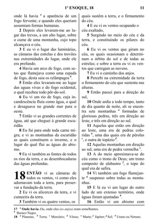 1º ENOQUE, 18 11
onde lá havia a
a aparência de um
fogo fervente; e quando eles queriam
assumiam formas humanas.
2 Depois eles levaram-me ao lu-
gar das trevas, a um alto lugar, sobre
o cume de uma montanha, cujo topo
alcançava o céu.
3 E eu vi o lugar das luminárias,
as câmaras das estrelas e dos trovões
nas extremidades do lugar, onde ele
era profundo.
4 Havia um arco de fogo, com se-
tas que flamejava como uma espada
de fogo, desta saia os relâmpagos b
.
5 Então eles levaram-me ao lugar
das aguas vivas e do fogo ocidental,
o qual recebeu todo pôr-do-sol.
6 Eu vi um rio de fogo, cuja in-
candescência fluía como água, o qual
e desaguava no grande mar para o
oeste.
7 Então vi as grandes correntes de
água, até que cheguei à grande escu-
ridão.
8 Eu fui para onde toda carne mi-
gra; e vi as montanhas da escuridão
as quais constituem o inverno, e o
lugar do qual flui as águas do abis-
mo.
9 Eu vi também as fontes de todos
os rios da terra, e as desembocaduras
das águas profundas.
ENTÃO vi as câmaras de
todos os ventos, vi como eles
adornavam toda a terra, para preser-
var a fundação da terra.
2 Eu vi os alicerces da terra, e vi
cumeeira da terra.
3 Também vi os quatro ventos, os
quais sustêm a terra, e o firmamento
do céu.
4 E eu vi os ventos ocupando o
céu exaltado,
5 Surgindo no meio do céu e da
terra, e constituindo os pilares do
céu.
6 Eu vi os ventos que giram no
céu, os quais ocasionam e determi-
nam a órbita do sol e de todas as
estrelas; e sobre a terra eu vi os ven-
tos que carregam as nuvens.
7 Eu vi o caminho dos anjos.
8 Percebi na extremidade da terra
o firmamento do céu que sustenta nas
alturas.
9 Então passei para a direção do
sul,
10 Onde ardia a todo tempo, tanto
de dia quanto de noite, ali se encon-
tra sete montanhas a
formadas de
gloriosas pedras, três em direção ao
leste, e três em direção ao sul.
11 Aquelas que estão em direção
ao leste, uma era de pedras colo-
ridas b
, uma das quais era de pérolas
c
, e outra de topázio d
.
12 Aquelas montanhas em direção
ao sul, uma era de pedra vermelha e
.
13 A do meio aproximava-se do
céu como o trono de Deus; um trono
composto de alabastro f
, o topo do
qual era de safira.
14 Vi também um fogo flamejan-
te g
suspenso sobre todas as monta-
nhas.
15 E lá eu vi um lugar do outro
lado de um extenso território, onde
águas foram ajuntadas h
.
16 Então vi um abismo com
17 a
Onde havia. Ou, onde eles (os anjos) eram semelhantes.
b
Buraco Negro.
18 a
Planetas; b
Terra; c
Mercúrio; d
Vênus; e
Marte; f
Júpiter; g
Sol; h
Urano ou Netuno.
18
 