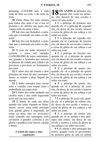 3º ENOQUE, 18 117
parasangs (2.034.000 km) a cada
noite do leste ao oeste, e do oeste ao
leste.
18 Então Deus fez uma câmara
para todos eles, para o sol, a lua, os
planetas e as estrelas nas quais eles
viajam noite do oeste a leste.
19 Sob eles está Kokabiel, o prín-
cipe que é nomeado em todos os pla-
netas.
20 Sob eles está Kokabiel, o prín-
cipe que é nomeado em todos os pla-
netas.
21 E com ele estão trezentos e
sessenta e cinco mil miríades
(3.650.000.000) de anjos ministrado-
res, grandes e honrados que movem
os planetas da cidade para cidade e de
província a província no firmamento
dos céus.
22 E sobre eles são setenta e dois
príncipes do reino do alto correspon-
dentes as setenta e duas línguas do
mundo.
23 E todos coroados com coroas
reais e vestidos com roupas reais e
embrulhado em capas reais.
24 E todos eles estão andando em
cavalos reais e eles estão segurando
cetro real em suas mãos.
25 E diante de cada um deles
quando eles estão viajando no firma-
mento, servos reais estão correndo
com grande glória e majestade, tal
como na terra, eles (os príncipes)
estão viajando nas carruagens com
cavaleiros e grandes exércitos e em
glória e grandeza com louvor, canção
e honra.
A ordem dos anjos e suas
repartições
OS ANJOS do primeiro céu,
quando eles veem seu prínci-
pe, eles descem de seus cavalos e
caem em seus rostos.
2 E o príncipe do primeiro céu,
quando ele vê o príncipe do segundo
céu, ele desce de seu cavalo, remove
a coroa de glória de sua cabeça e cai
sobre seu rosto.
3 E o príncipe do segundo céu,
quando ele vê o príncipe do terceiro
céu, ele desce de seu cavalo e remove
a coroa de glória de sua cabeça e cai
sobre seu rosto.
4 E o príncipe do terceiro céu,
quando ele vê o príncipe do quarto
céu, ele desce de seu cavalo e remove
a coroa de glória de sua cabeça e cai
sobre seu rosto.
5 E o príncipe do quarto céu,
quando ele vê o príncipe do quinto
céu, ele desce de seu cavalo e remove
a coroa de glória de sua cabeça e cai
sobre seu rosto.
6 E o príncipe do quinto céu,
quando ele vê o príncipe do sexto
céu, ele desce de seu cavalo e remove
a coroa de glória de sua cabeça e cai
sobre seu rosto.
7 E o príncipe do sexto céu, quan-
do ele vê o príncipe do sétimo céu,
ele desce de seu cavalo e remove a
coroa de glória de sua cabeça e cai
sobre seu rosto.
8 E o príncipe do sétimo céu,
quando ele vê os setenta e dois prín-
cipes dos reinos, ele desce de seu
cavalo e remove a coroa de glória de
sua cabeça e cai sobre seu rosto.
9 E os setenta e dois príncipes dos
reinos, quando veem os governantes
da primeira porta da sala no sétimo
18
 