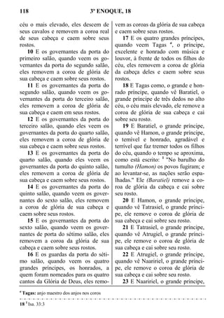 118 3º ENOQUE, 18
céu o mais elevado, eles descem de
seus cavalos e removem a coroa real
de seus cabeça e caem sobre seus
rostos.
10 E os governantes da porta do
primeiro salão, quando veem os go-
vernantes da porta do segundo salão,
eles removem a coroa de glória de
sua cabeça e caem sobre seus rostos.
11 E os governantes da porta do
segundo salão, quando veem os go-
vernantes da porta do terceiro salão,
eles removem a coroa de glória de
sua cabeça e caem em seus rostos.
12 E os governantes da porta do
terceiro salão, quando eles veem os
governantes da porta do quarto salão,
eles removem a coroa de glória de
sua cabeça e caem sobre seus rostos.
13 E os governantes da porta do
quarto salão, quando eles veem os
governantes da porta do quinto salão,
eles removem a coroa de glória de
sua cabeça e caem sobre seus rostos.
14 E os governantes da porta do
quinto salão, quando veem os gover-
nantes do sexto salão, eles removem
a coroa de glória de sua cabeça e
caem sobre seus rostos.
15 E os governantes da porta do
sexto salão, quando veem os gover-
nantes de porta do sétimo salão, eles
removem a coroa da glória de sua
cabeça e caem sobre seus rostos.
16 E os guardas da porta do séti-
mo salão, quando veem os quatro
grandes príncipes, os honrados, a
quem foram nomeados para os quatro
cantos da Glória de Deus, eles remo-
vem as coroas da glória de sua cabeça
e caem sobre seus rostos.
17 E os quatro grandes príncipes,
quando veem Tagas a
, o príncipe,
excelente e honrado com música e
louvor, à frente de todos os filhos do
céu, eles removem a coroa de glória
da cabeça deles e caem sobre seus
rostos.
18 E Tagas como, o grande e hon-
rado príncipe, quando vê Baratiel, o
grande príncipe de três dedos no alto
céu, o céu mais elevado, ele remove a
coroa de glória de sua cabeça e cai
sobre seu rosto.
19 E Baratiel, o grande príncipe,
quando vê Hamon, o grande príncipe,
o temível e honrado, agradável e
terrível que faz tremer todos os filhos
do céu, quando o tempo se aproxima,
como está escrito: 1
"No barulho do
tumulto (Hamon) os povos fugiram; e
ao levantar-se, as nações serão espa-
lhadas." Ele (Baratiel) remove a co-
roa de glória da cabeça e cai sobre
seu rosto.
20 E Hamon, o grande príncipe,
quando vê Tatrasiel, o grande prínci-
pe, ele remove o coroa de glória de
sua cabeça e cai sobre seu rosto.
21 E Tatrasiel, o grande príncipe,
quando vê Atrugiel, o grande prínci-
pe, ele remove o coroa de glória de
sua cabeça e cai sobre seu rosto.
22 E Atrugiel, o grande príncipe,
quando vê Naaririel, o grande prínci-
pe, ele remove o coroa de glória de
sua cabeça e cai sobre seu rosto.
23 E Naaririel, o grande príncipe,
a
Tagas: anjo maestro dos anjos nos coros
18 1
Isa. 33:3
 