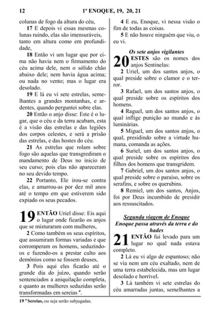 12 1º ENOQUE, 19, 20, 21
colunas de fogo da altura do céu,
17 E depois vi essas mesmas co-
lunas ruindo, elas são imensuráveis,
tanto em altura como em profundi-
dade,
18 Então vi um lugar que por ci-
ma não havia nem o firmamento do
céu acima dele, nem o sólido chão
abaixo dele; nem havia água acima;
ou nada no vento; mas o lugar era
desolado.
19 E lá eu vi sete estrelas, seme-
lhantes a grandes montanhas, e ar-
dentes, quando perguntei sobre elas.
20 Então o anjo disse: Este é o lu-
gar, que o céu e da terra acabam, esta
é a visão das estrelas e das legiões
dos corpos celestes, e será a prisão
das estrelas, e das hostes do céu.
21 As estrelas que rolam sobre
fogo são aquelas que transgrediram o
mandamento de Deus no inicio de
seu curso; pois elas não apareceram
no seu devido tempo.
22 Portanto, Ele irou-se contra
elas, e amarrou-as por dez mil anos
até o tempo em que estiverem sido
expiado os seus pecados.
ENTÃO Uriel disse: Eis aqui
o lugar onde ficarão os anjos
que se misturaram com mulheres,
2 Como também os seus espíritos,
que assumiram formas variadas e que
corromperam os homens, seduzindo-
os e fazendo-os a prestar culto aos
demônios como se fossem deuses,
3 Pois aqui eles ficarão até o
grande dia do juízo, quando serão
sentenciados a aniquilação completa,
e quanto as mulheres seduzidas serão
transformadas em sereias a
.
4 E eu, Enoque, vi nessa visão o
fim de todas as coisas.
5 E não houve ninguém que viu, o
eu vi.
Os sete anjos vigilantes
ESTES são os nomes dos
anjos Sentinelas:
2 Uriel, um dos santos anjos, o
qual preside sobre o clamor e o ter-
ror.
3 Rafael, um dos santos anjos, o
qual preside sobre os espíritos dos
homens.
4 Raguel, um dos santos anjos, o
qual inflige punição ao mundo e às
luminárias.
5 Miguel, um dos santos anjos, o
qual, presidindo sobre a virtude hu-
mana, comanda as ações.
6 Suriel, um dos santos anjos, o
qual preside sobre os espíritos dos
filhos dos homens que transgridem.
7 Gabriel, um dos santos anjos, o
qual preside sobre o paraíso, sobre os
serafins, e sobre os querubins.
8 Remiel, um dos santos, Anjos,
foi por Deus incumbido de presidir
aos ressuscitados.
Segunda viagem de Enoque
Enoque passa através da terra e do
hades
ENTÃO fui levado para um
lugar no qual nada estava
completo.
2 Lá eu vi algo de espantoso; não
se via nem um céu exaltado, nem de
uma terra estabelecida, mas um lugar
desolado e horrível.
3 Lá também vi sete estrelas do
céu amarradas juntas, semelhantes a
19 a
Sereias, ou seja serão subjugadas.
19
20
21
 