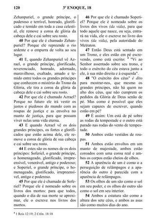 120 3º ENOQUE, 18
Zehanpuriel, o grande príncipe, o
poderoso e terrível, honrado, glorifi-
cado e temido em toda a casa celesti-
al, ele remove a coroa de glória da
cabeça dele e cai sobre seu rosto.
40 Por que ele é chamado Zehan-
puriel? Porque ele repreende o rio
ardente e o empurra de volta ao seu
lugar.
41 E, quando Zehanpuriel vê Az-
rael, o grande príncipe, glorificado,
reverenciado, honrado, adornado,
maravilhoso, exaltado, amado e te-
mido entre todos os grandes príncipes
que conhecem o mistério do Trono da
Glória, ele tira a coroa da glória da
cabeça dele e cai sobre seu rosto.
42 Por que ele é chamado Azrael?
Porque no futuro ele irá vestir os
justos e piedosos do mundo com as
roupas de justiça e as envolva no
manto de justiça, para que possam
viver nelas uma vida eterna.
43 E quando Azrael vê os dois
grandes príncipes, os fortes e glorifi-
cados que estão acima dele, ele re-
move a coroa de glória de sua cabeça
e cai sobre seu rosto.
44 E estes são os nomes de os dois
príncipes: Soferiel, o grande príncipe,
o homenageado, glorificado, irrepre-
ensível, venerável, antigo e poderoso;
e Soperiel, o grande príncipe, o ho-
menageado, glorificado, irrepreensí-
vel, antigo e poderoso.
45 Por que ele é chamado de Sofe-
riel? Porque ele é nomeado sobre os
livros dos mortos: para que todos,
quando o dia de sua morte se aproxi-
mar, ele o escreve nos livros dos
mortos.
46 Por que ele é chamado Soperi-
el? Porque ele é nomeado sobre os
livros dos vivos (da vida), para que
todo aquele que nasce, ou seja, entra-
rá na vida, ele o escreve no livro dos
vivos (da vida), pela autoridade do
Metraton.
47 Então Deus está sentado em
um Trono, e eles estão em pé escre-
vendo, como está escrito: 4
"Vi ao
Senhor assentado sobre seu trono, e
todo o exército do céu estava junto a
ele, à sua mão direita e à esquerda".
48 "O exército dos céus" é dito
para mostrar-nos, que mesmo os
grandes príncipes, não há quem no
alto dos céus, que não cumprem os
pedidos da Glória de Deus senão de
pé. Mas como é possível que eles
sejam capazes de escrever, quando
estão em pé?
49 É assim: Um está de pé sobre
as rodas da tempestade e o outro está
parado nas rodas do vento de tempes-
tade.
50 Ambos estão vestidos de rou-
pas.
51 Ambos estão envoltos em um
manto de majestade, ambos estão
coroados com uma coroa real e am-
bos os corpos estão cheios de olhos.
52 A aparência de um é como o a
perseguição de relâmpagos e a apa-
rência do outro é parecida com a
aparência de relâmpagos.
53 Os olhos de um são como o sol
em seu poder, e os olhos do outro são
como o sol em seu interior.
54 Ambos a estatura são como a
altura dos sete céus, e ambos as asas
são como muitos dias do ano.
4
1 Reis 12:19; 2 Crôn. 18:18
 