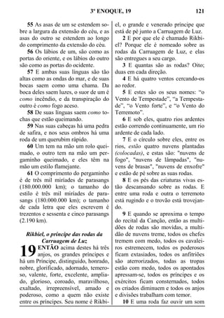 3º ENOQUE, 19 121
55 As asas de um se estendem so-
bre a largura da extensão do céu, e as
asas do outro se estendem ao longo
do comprimento da extensão do céu.
56 Os lábios de um, são como as
portas do oriente, e os lábios do outro
são como as portas do ocidente.
57 E ambas suas línguas são tão
altas como as ondas do mar, e de suas
bocas saem como uma chama. Da
boca deles saem luzes, o suor de um é
como incêndio, e da transpiração do
outro é como fogo aceso.
58 De suas línguas saem como to-
chas que estão queimando.
59 Nas suas cabeças há uma pedra
de safira, e nos seus ombros há uma
roda de um querubim rápido.
60 Um tem na mão um rolo quei-
mado, o outro tem na mão um per-
gaminho queimado, e eles têm na
mão um estilo flamejante.
61 O comprimento do pergaminho
é de três mil miríades de parasangs
(180.000.000 km); o tamanho do
estilo é três mil miríades de para-
sangs (180.000.000 km); o tamanho
de cada letra que eles escrevem é
trezentos e sessenta e cinco parasangs
(2.190 km).
Rikbiel, o príncipe das rodas da
Carruagem de Luz
ENTÃO acima destes há três
anjos, os grandes príncipes e
há um Príncipe, distinguido, honrado,
nobre, glorificado, adornado, temero-
so, valente, forte, excelente, amplia-
do, glorioso, coroado, maravilhoso,
exaltado, irrepreensível, amado e
poderoso, como a quem não existe
entre os príncipes. Seu nome é Rikbi-
el, o grande e venerado príncipe que
está de pé junto a Carruagem de Luz.
2 E por que ele é chamado Rikbi-
el? Porque ele é nomeado sobre as
rodas da Carruagem de Luz, e elas
são entregues a seu cargo.
3 E quantas são as rodas? Oito;
duas em cada direção.
4 E há quatro ventos cercando-os
ao redor.
5 E estes são os seus nomes: “o
Vento de Tempestade”, “a Tempesta-
de”, “o Vento forte”, e “o Vento do
Terremoto”.
6 E sob eles, quatro rios ardentes
estão correndo continuamente, um rio
ardente de cada lado.
7 E o círculo sobre eles, entre os
rios, estão quatro nuvens plantadas
(colocadas), e estas são: "nuvens de
fogo", "nuvens de lâmpadas", "nu-
vens de brasas", "nuvens de enxofre"
e estão de pé sobre as suas rodas.
8 E os pés das criaturas vivas es-
tão descansando sobre as rodas. E
entre uma roda e outra o terremoto
está rugindo e o trovão está trovejan-
do.
9 E quando se aproxima o tempo
do recital da Canção, então as multi-
dões de rodas são movidas, a multi-
dão de nuvens treme, todos os chefes
tremem com medo, todos os cavalei-
ros estremecem, todos os poderosos
ficam extasiados, todos os anfitriões
são aterrorizados, todas as tropas
estão com medo, todos os apontados
apressam-se, todos os príncipes e os
exércitos ficam consternados, todos
os criados diminuem e todos os anjos
e divisões trabalham com temor.
10 E uma roda faz ouvir um som
19
 