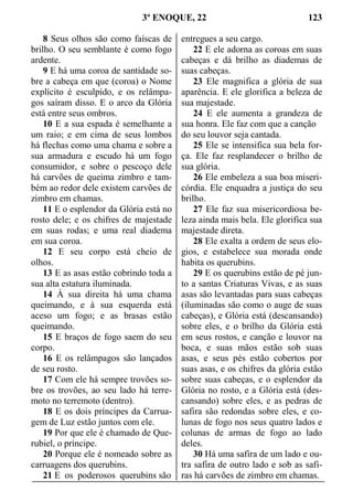 3º ENOQUE, 22 123
8 Seus olhos são como faíscas de
brilho. O seu semblante é como fogo
ardente.
9 E há uma coroa de santidade so-
bre a cabeça em que (coroa) o Nome
explícito é esculpido, e os relâmpa-
gos saíram disso. E o arco da Glória
está entre seus ombros.
10 E a sua espada é semelhante a
um raio; e em cima de seus lombos
há flechas como uma chama e sobre a
sua armadura e escudo há um fogo
consumidor, e sobre o pescoço dele
há carvões de queima zimbro e tam-
bém ao redor dele existem carvões de
zimbro em chamas.
11 E o esplendor da Glória está no
rosto dele; e os chifres de majestade
em suas rodas; e uma real diadema
em sua coroa.
12 E seu corpo está cheio de
olhos.
13 E as asas estão cobrindo toda a
sua alta estatura iluminada.
14 À sua direita há uma chama
queimando, e à sua esquerda está
aceso um fogo; e as brasas estão
queimando.
15 E braços de fogo saem do seu
corpo.
16 E os relâmpagos são lançados
de seu rosto.
17 Com ele há sempre trovões so-
bre os trovões, ao seu lado há terre-
moto no terremoto (dentro).
18 E os dois príncipes da Carrua-
gem de Luz estão juntos com ele.
19 Por que ele é chamado de Que-
rubiel, o príncipe.
20 Porque ele é nomeado sobre as
carruagens dos querubins.
21 E os poderosos querubins são
entregues a seu cargo.
22 E ele adorna as coroas em suas
cabeças e dá brilho as diademas de
suas cabeças.
23 Ele magnifica a glória de sua
aparência. E ele glorifica a beleza de
sua majestade.
24 E ele aumenta a grandeza de
sua honra. Ele faz com que a canção
do seu louvor seja cantada.
25 Ele se intensifica sua bela for-
ça. Ele faz resplandecer o brilho de
sua glória.
26 Ele embeleza a sua boa miseri-
córdia. Ele enquadra a justiça do seu
brilho.
27 Ele faz sua misericordiosa be-
leza ainda mais bela. Ele glorifica sua
majestade direta.
28 Ele exalta a ordem de seus elo-
gios, e estabelece sua morada onde
habita os querubins.
29 E os querubins estão de pé jun-
to a santas Criaturas Vivas, e as suas
asas são levantadas para suas cabeças
(iluminadas são como o auge de suas
cabeças), e Glória está (descansando)
sobre eles, e o brilho da Glória está
em seus rostos, e canção e louvor na
boca, e suas mãos estão sob suas
asas, e seus pés estão cobertos por
suas asas, e os chifres da glória estão
sobre suas cabeças, e o esplendor da
Glória no rosto, e a Glória está (des-
cansando) sobre eles, e as pedras de
safira são redondas sobre eles, e co-
lunas de fogo nos seus quatro lados e
colunas de armas de fogo ao lado
deles.
30 Há uma safira de um lado e ou-
tra safira de outro lado e sob as safi-
ras há carvões de zimbro em chamas.
 