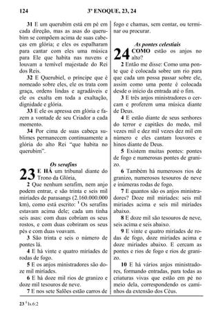 124 3º ENOQUE, 23, 24
31 E um querubim está em pé em
cada direção, mas as asas do queru-
bim se compõem acima de suas cabe-
ças em glória; e eles os espalharam
para cantar com eles uma música
para Ele que habita nas nuvens e
louvam a temível majestade do Rei
dos Reis.
32 E Querubiel, o príncipe que é
nomeado sobre eles, ele os trata com
graça, ordens lindas e agradáveis e
ele os exalta em toda a exaltação,
dignidade e glória.
33 E ele os apressa em glória e fa-
zem a vontade de seu Criador a cada
momento.
34 Por cima de suas cabeça su-
blimes permanecem continuamente a
glória do alto Rei “que habita no
querubim”.
Os serafins
E HÁ um tribunal diante do
Trono da Glória,
2 Que nenhum serafim, nem anjo
podem entrar, e são trinta e seis mil
miríades de parasangs (2.160.000.000
km), como está escrito: 1
Os serafins
estavam acima dele; cada um tinha
seis asas: com duas cobriam os seus
rostos, e com duas cobriram os seus
pés e com duas voavam.
3 São trinta e seis o número de
pontes lá.
4 E há vinte e quatro miríades de
rodas de fogo.
5 E os anjos ministradores são do-
ze mil miríades.
6 E há doze mil rios de granizo e
doze mil tesouros de neve.
7 E nos sete Salões estão carros de
fogo e chamas, sem contar, ou termi-
nar ou procurar.
As pontes celestiais
COMO estão os anjos no
alto?
2 Então me disse: Como uma pon-
te que é colocada sobre um rio para
que cada um possa passar sobre ele,
assim como uma ponte é colocada
desde o início da entrada até o fim.
3 E três anjos ministradores o cer-
cam e proferem uma música diante
de Deus.
4 E estão diante de seus senhores
do terror e capitães do medo, mil
vezes mil e dez mil vezes dez mil em
número e eles cantam louvores e
hinos diante de Deus.
5 Existem muitas pontes: pontes
de fogo e numerosas pontes de grani-
zo.
6 Também há numerosos rios de
granizo, numerosos tesouros de neve
e inúmeras rodas de fogo.
7 E quantos são os anjos ministra-
dores? Doze mil miríades: seis mil
miríades acima e seis mil miríades
abaixo.
8 E doze mil são tesouros de neve,
seis acima e seis abaixo.
9 E vinte e quatro miríades de ro-
das de fogo, doze miríades acima e
doze miríades abaixo. E cercam as
pontes e rios de fogo e rios de grani-
zo.
10 E há vários anjos ministrado-
res, formando entradas, para todas as
criaturas vivas que estão em pé no
meio dela, correspondendo os cami-
nhos da extensão dos Céus.
23 1
Is.6:2
23
24
 