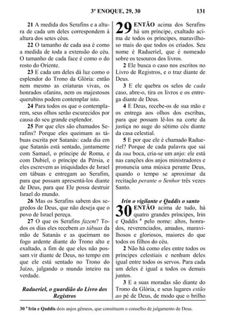 3º ENOQUE, 29, 30 131
21 A medida dos Serafins e a altu-
ra de cada um deles correspondem à
altura dos setes céus.
22 O tamanho de cada asa é como
a medida de toda a extensão do céu.
O tamanho de cada face é como o do
rosto do Oriente.
23 E cada um deles dá luz como o
esplendor do Trono da Glória: então
nem mesmo as criaturas vivas, os
honrados ofanins, nem os majestosos
querubins podem contemplar isto.
24 Para todos os que o contempla-
rem, seus olhos serão escurecidos por
causa do seu grande esplendor.
25 Por que eles são chamados Se-
rafins? Porque eles queimam as tá-
buas escrita por Satanás: cada dia em
que Satanás está sentado, juntamente
com Samael, o príncipe de Roma, e
com Dubiel, o príncipe da Pérsia, e
eles escrevem as iniquidades de Israel
em tábuas e entregam ao Serafim,
para que possam apresentá-los diante
de Deus, para que Ele possa destruir
Israel do mundo.
26 Mas os Serafins sabem dos se-
gredos de Deus, que não deseja que o
povo de Israel pereça.
27 O que os Serafins fazem? To-
dos os dias eles recebem as tábuas da
mão de Satanás e as queimam no
fogo ardente diante do Trono alto e
exaltado, a fim de que eles não pos-
sam vir diante de Deus, no tempo em
que ele está sentado no Trono do
Juízo, julgando o mundo inteiro na
verdade.
Radueriel, o guardião do Livro dos
Registros
ENTÃO acima dos Serafins
há um príncipe, exaltado aci-
ma de todos os príncipes, maravilho-
so mais do que todos os criados. Seu
nome é Radueriel, que é nomeado
sobre os tesouros dos livros.
2 Ele busca o caso nos escritos no
Livro de Registros, e o traz diante de
Deus.
3 E ele quebra os selos de cada
caso, abre-o, tira os livros e os entre-
ga diante de Deus.
4 E Deus, recebe-os de sua mão e
os entrega aos olhos dos escribas,
para que possam lê-los na corte da
justiça no auge do sétimo céu diante
da casa celestial.
5 E por que ele é chamado Radue-
riel? Porque de cada palavra que sai
da sua boca, cria-se um anjo: ele está
nas canções dos anjos ministradores e
pronuncia uma música perante Deus,
quando o tempo se aproximar da
recitação perante o Senhor três vezes
Santo.
Irin o vigilante e Qaddis o santo
ENTÃO acima de tudo, há
quatro grandes príncipes, Irin
e Qaddis a
pelo nome: altos, honra-
dos, reverenciados, amados, maravi-
lhosos e gloriosos, maiores do que
todos os filhos do céu.
2 Não há como eles entre todos os
príncipes celestiais e nenhum deles
igual entre todos os servos. Para cada
um deles é igual a todos os demais
juntos.
3 E a suas moradas são diante do
Trono da Glória, e seus lugares estão
ao pé de Deus, de modo que o brilho
30 a
Irin e Qaddis dois anjos gêmeos, que constituem o conselho de julgamento de Deus.
29
30
 