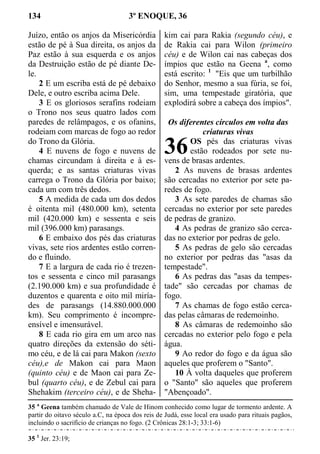134 3º ENOQUE, 36
Juízo, então os anjos da Misericórdia
estão de pé à Sua direita, os anjos da
Paz estão à sua esquerda e os anjos
da Destruição estão de pé diante De-
le.
2 E um escriba está de pé debaixo
Dele, e outro escriba acima Dele.
3 E os gloriosos serafins rodeiam
o Trono nos seus quatro lados com
paredes de relâmpagos, e os ofanins,
rodeiam com marcas de fogo ao redor
do Trono da Glória.
4 E nuvens de fogo e nuvens de
chamas circundam à direita e à es-
querda; e as santas criaturas vivas
carrega o Trono da Glória por baixo;
cada um com três dedos.
5 A medida de cada um dos dedos
é oitenta mil (480.000 km), setenta
mil (420.000 km) e sessenta e seis
mil (396.000 km) parasangs.
6 E embaixo dos pés das criaturas
vivas, sete rios ardentes estão corren-
do e fluindo.
7 E a largura de cada rio é trezen-
tos e sessenta e cinco mil parasangs
(2.190.000 km) e sua profundidade é
duzentos e quarenta e oito mil miría-
des de parasangs (14.880.000.000
km). Seu comprimento é incompre-
ensível e imensurável.
8 E cada rio gira em um arco nas
quatro direções da extensão do séti-
mo céu, e de lá cai para Makon (sexto
céu),e de Makon cai para Maon
(quinto céu) e de Maon cai para Ze-
bul (quarto céu), e de Zebul cai para
Shehakim (terceiro céu), e de Sheha-
kim cai para Rakia (segundo céu), e
de Rakia cai para Wilon (primeiro
céu) e de Wilon cai nas cabeças dos
ímpios que estão na Geena a
, como
está escrito: 1
"Eis que um turbilhão
do Senhor, mesmo a sua fúria, se foi,
sim, uma tempestade giratória, que
explodirá sobre a cabeça dos ímpios".
Os diferentes círculos em volta das
criaturas vivas
OS pés das criaturas vivas
estão rodeados por sete nu-
vens de brasas ardentes.
2 As nuvens de brasas ardentes
são cercadas no exterior por sete pa-
redes de fogo.
3 As sete paredes de chamas são
cercadas no exterior por sete paredes
de pedras de granizo.
4 As pedras de granizo são cerca-
das no exterior por pedras de gelo.
5 As pedras de gelo são cercadas
no exterior por pedras das "asas da
tempestade".
6 As pedras das "asas da tempes-
tade" são cercadas por chamas de
fogo.
7 As chamas de fogo estão cerca-
das pelas câmaras de redemoinho.
8 As câmaras de redemoinho são
cercadas no exterior pelo fogo e pela
água.
9 Ao redor do fogo e da água são
aqueles que proferem o "Santo".
10 À volta daqueles que proferem
o "Santo" são aqueles que proferem
"Abençoado".
35 a
Geena também chamado de Vale de Hinom conhecido como lugar de tormento ardente. A
partir do oitavo século a.C, na época dos reis de Judá, esse local era usado para rituais pagãos,
incluindo o sacrifício de crianças no fogo. (2 Crônicas 28:1-3; 33:1-6)
35 1
Jer. 23:19;
36
 