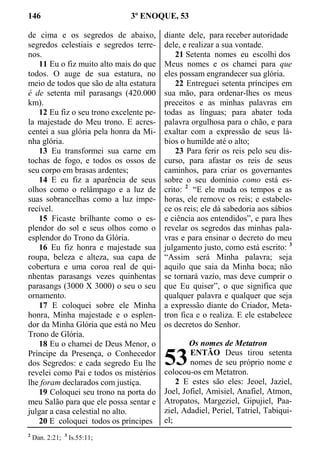 146 3º ENOQUE, 53
de cima e os segredos de abaixo,
segredos celestiais e segredos terre-
nos.
11 Eu o fiz muito alto mais do que
todos. O auge de sua estatura, no
meio de todos que são de alta estatura
é de setenta mil parasangs (420.000
km).
12 Eu fiz o seu trono excelente pe-
la majestade do Meu trono. E acres-
centei a sua glória pela honra da Mi-
nha glória.
13 Eu transformei sua carne em
tochas de fogo, e todos os ossos de
seu corpo em brasas ardentes;
14 E eu fiz a aparência de seus
olhos como o relâmpago e a luz de
suas sobrancelhas como a luz impe-
recível.
15 Ficaste brilhante como o es-
plendor do sol e seus olhos como o
esplendor do Trono da Glória.
16 Eu fiz honra e majestade sua
roupa, beleza e alteza, sua capa de
cobertura e uma coroa real de qui-
nhentas parasangs vezes quinhentas
parasangs (3000 X 3000) o seu o seu
ornamento.
17 E coloquei sobre ele Minha
honra, Minha majestade e o esplen-
dor da Minha Glória que está no Meu
Trono de Glória.
18 Eu o chamei de Deus Menor, o
Príncipe da Presença, o Conhecedor
dos Segredos: e cada segredo Eu lhe
revelei como Pai e todos os mistérios
lhe foram declarados com justiça.
19 Coloquei seu trono na porta do
meu Salão para que ele possa sentar e
julgar a casa celestial no alto.
20 E coloquei todos os príncipes
diante dele, para receber autoridade
dele, e realizar a sua vontade.
21 Setenta nomes eu escolhi dos
Meus nomes e os chamei para que
eles possam engrandecer sua glória.
22 Entreguei setenta príncipes em
sua mão, para ordenar-lhes os meus
preceitos e as minhas palavras em
todas as línguas; para abater toda
palavra orgulhosa para o chão, e para
exaltar com a expressão de seus lá-
bios o humilde até o alto;
23 Para ferir os reis pelo seu dis-
curso, para afastar os reis de seus
caminhos, para criar os governantes
sobre o seu domínio como está es-
crito: 2
“E ele muda os tempos e as
horas, ele remove os reis; e estabele-
ce os reis; ele dá sabedoria aos sábios
e ciência aos entendidos”, e para lhes
revelar os segredos das minhas pala-
vras e para ensinar o decreto do meu
julgamento justo, como está escrito: 3
“Assim será Minha palavra; seja
aquilo que saia da Minha boca; não
se tornará vazio, mas deve cumprir o
que Eu quiser”, o que significa que
qualquer palavra e qualquer que seja
a expressão diante do Criador, Meta-
tron fica e o realiza. E ele estabelece
os decretos do Senhor.
Os nomes de Metatron
ENTÃO Deus tirou setenta
nomes de seu próprio nome e
colocou-os em Metatron.
2 E estes são eles: Jeoel, Jaziel,
Joel, Jofiel, Amisiel, Anafiel, Atmon,
Atropatos, Margeziel, Gipujiel, Paa-
ziel, Adadiel, Periel, Tatriel, Tabiqui-
el;
2
Dan. 2:21; 3
Is.55:11;
53
 